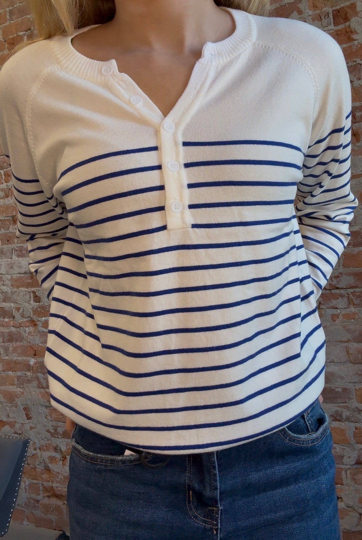 Jana Blue & White Striped Sweater-Sweaters-Molly Bracken-The Funky Zebra Ames, Women's Fashion Boutique in Ames, Iowa
