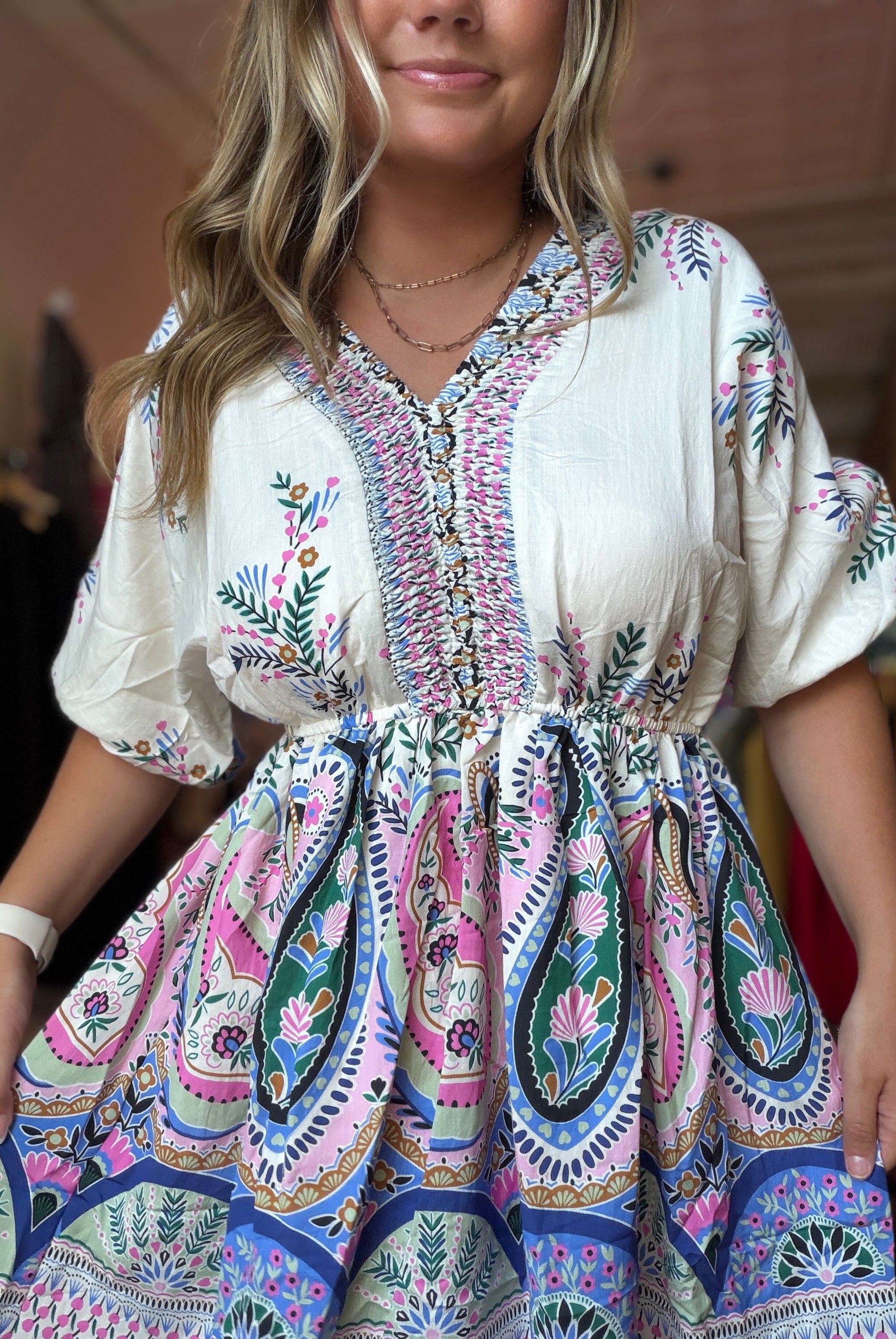 Hanna Paisley Border Print Dress-Dresses-Hayden-The Funky Zebra Ames, Women's Fashion Boutique in Ames, Iowa