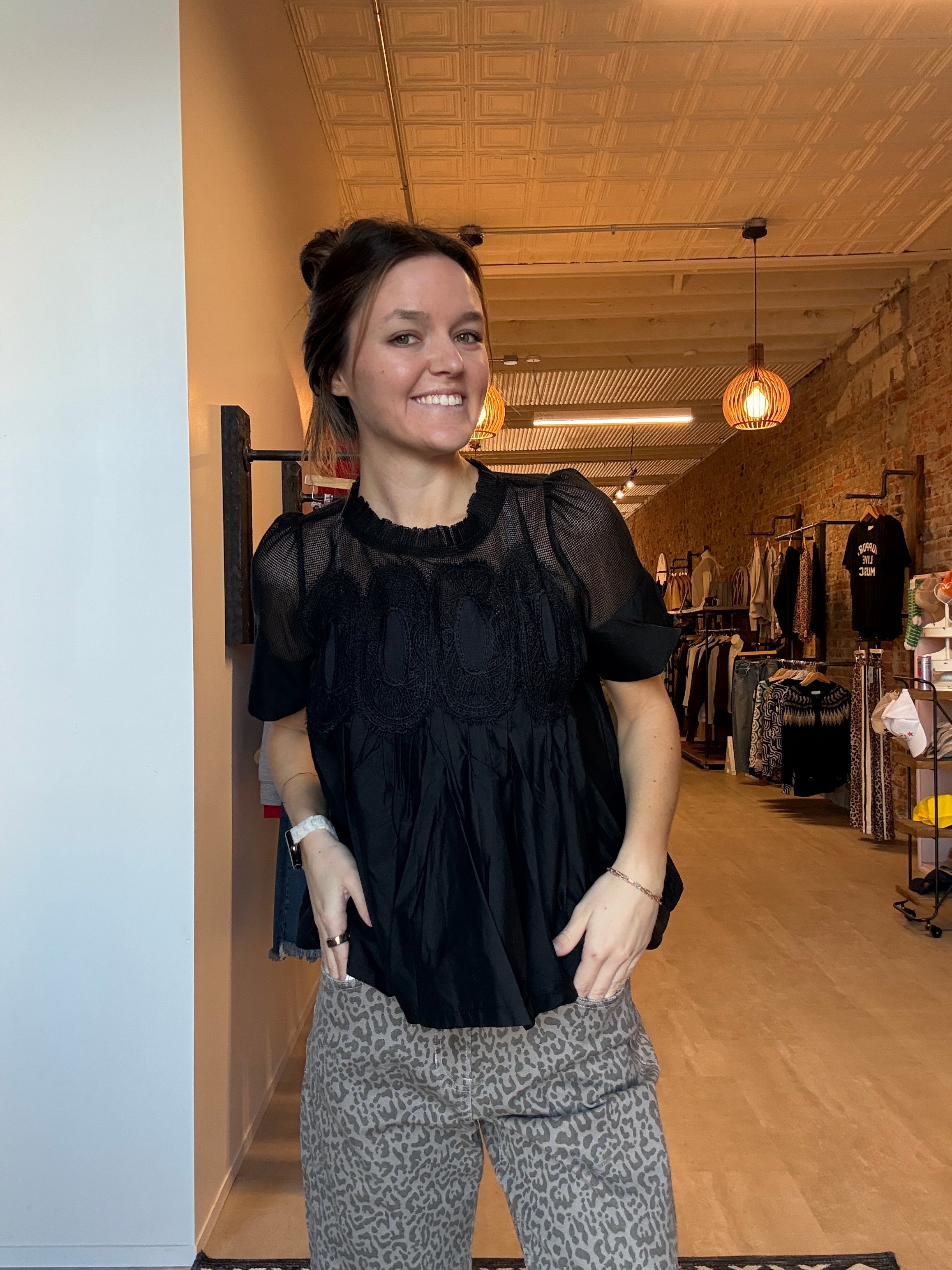 Zoey Black Mesh Puff Sleeve Top-Short Sleeves-fate-The Funky Zebra Ames, Women's Fashion Boutique in Ames, Iowa