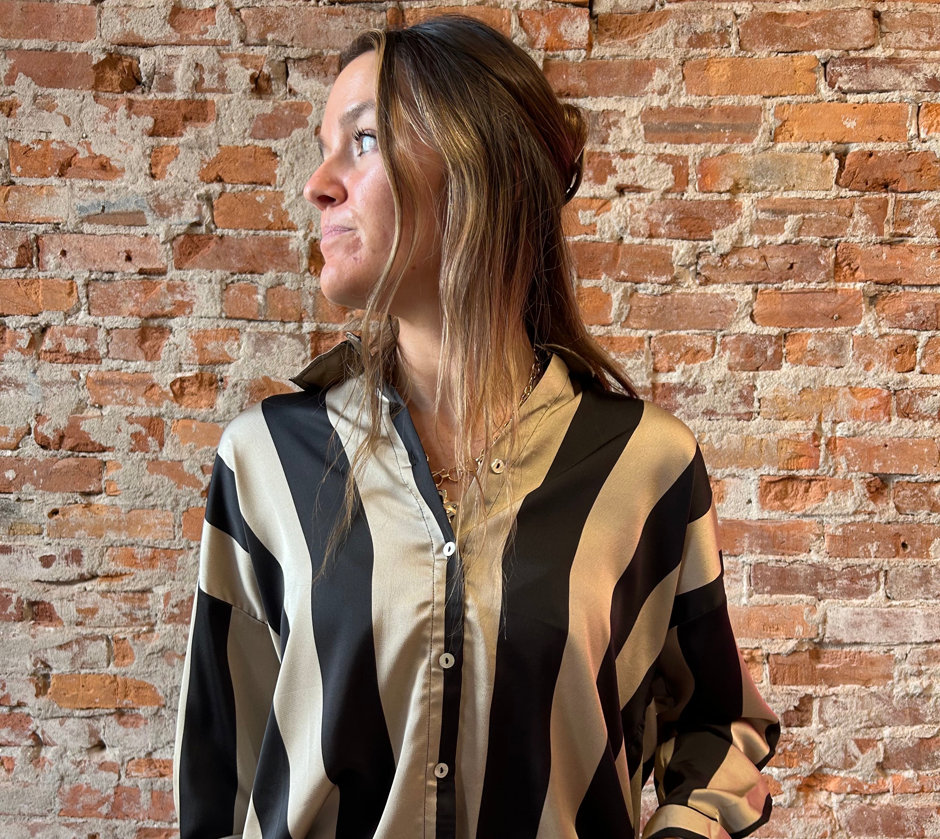 Lydia Oversized Stripe Satin Blouse-Blouse-Doe and Rae-The Funky Zebra Ames, Women's Fashion Boutique in Ames, Iowa