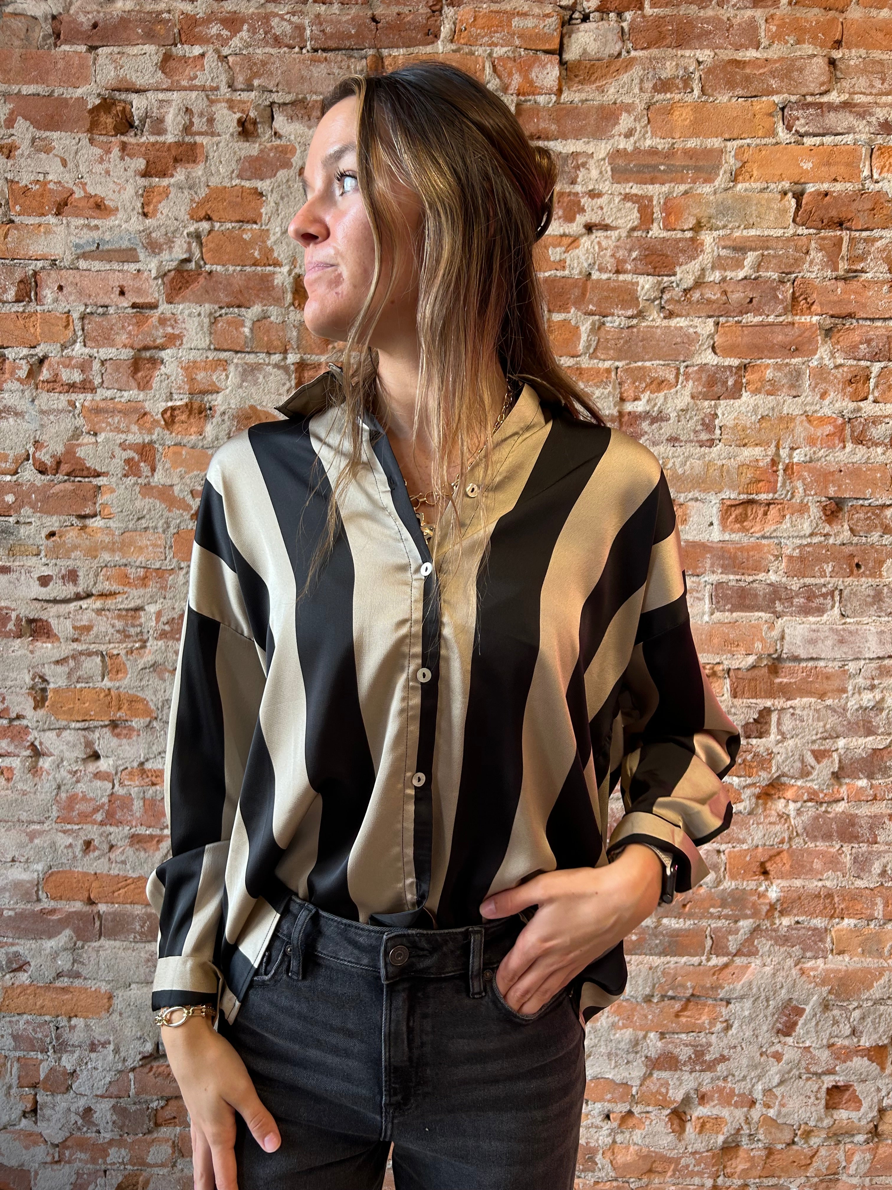 Lydia Oversized Stripe Satin Blouse-Blouse-Doe and Rae-The Funky Zebra Ames, Women's Fashion Boutique in Ames, Iowa