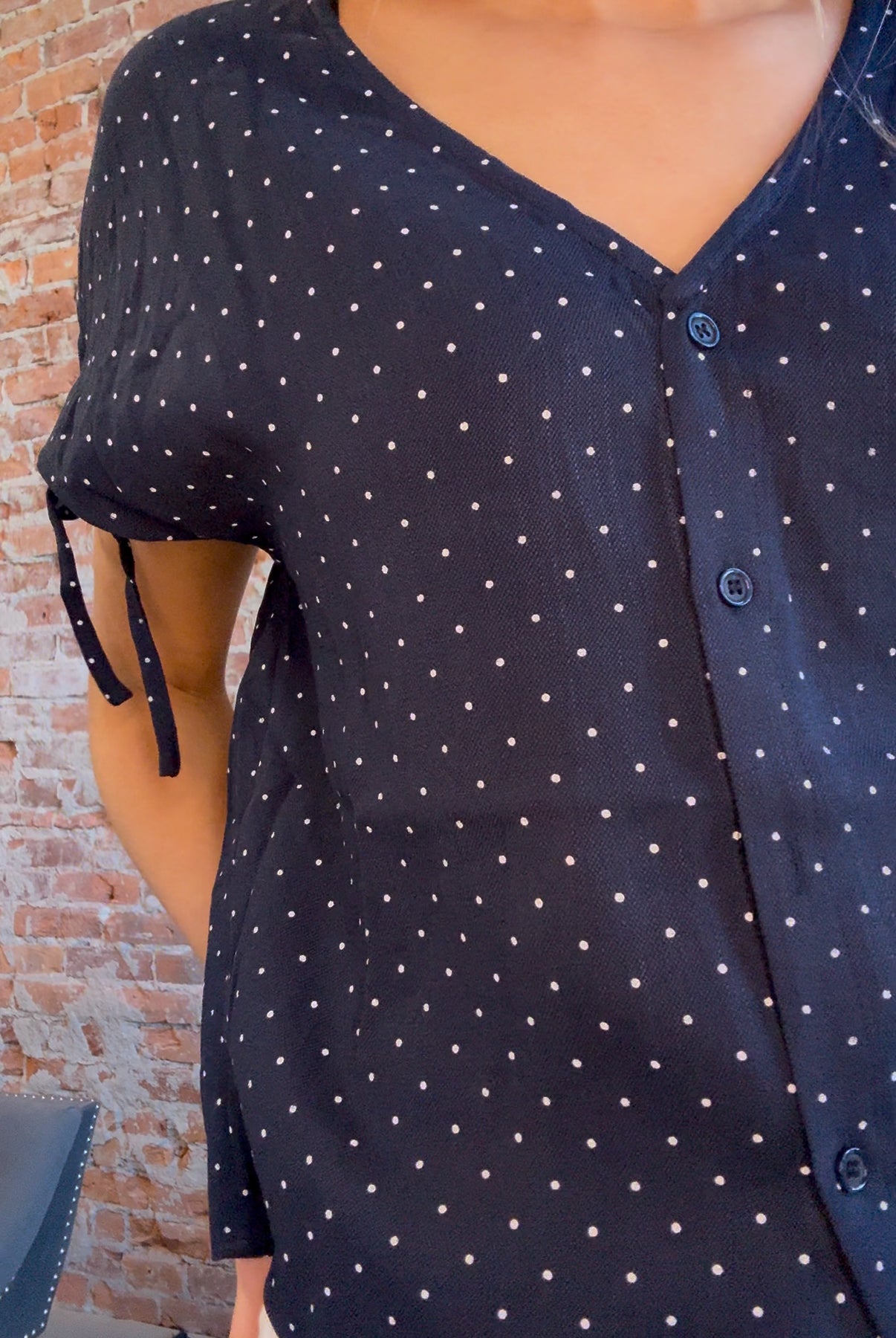 Celene Navy Tie Button Front Short Sleeve Top-Short Sleeves-Molly Bracken-The Funky Zebra Ames, Women's Fashion Boutique in Ames, Iowa