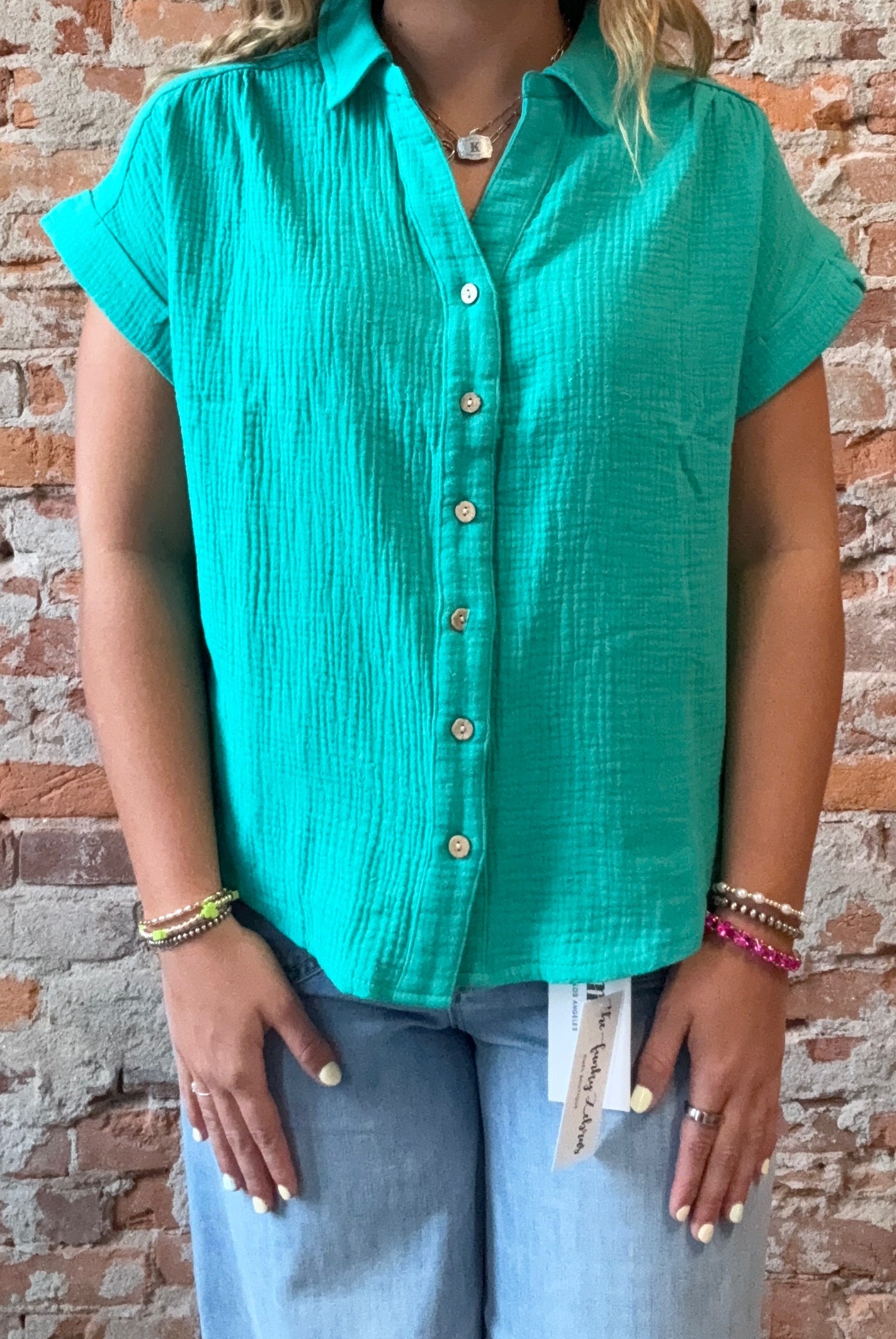 Simone Short Sleeve Gauze Button Down-Cozy Co-The Funky Zebra Ames, Women's Fashion Boutique in Ames, Iowa