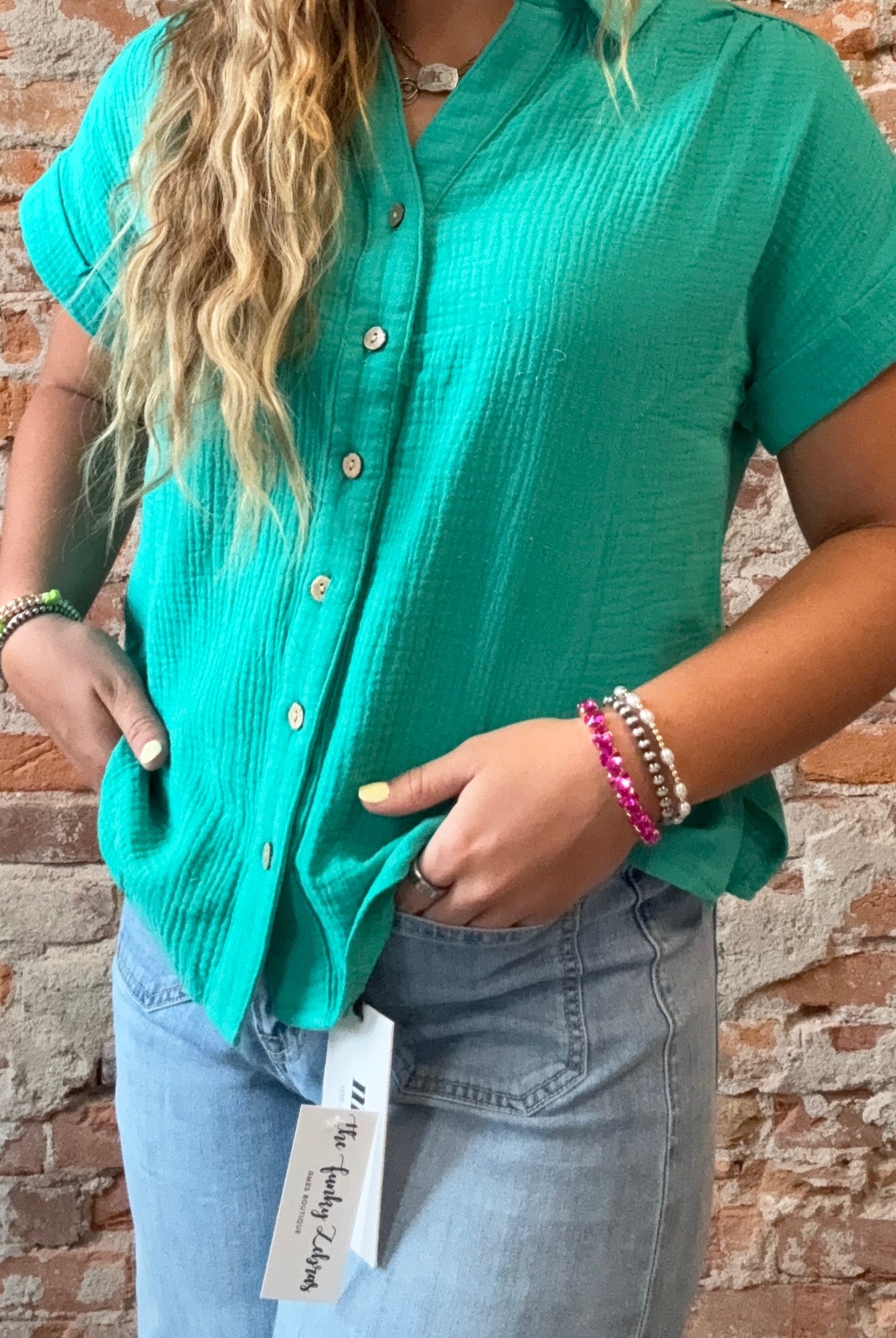 Simone Short Sleeve Gauze Button Down-Cozy Co-The Funky Zebra Ames, Women's Fashion Boutique in Ames, Iowa