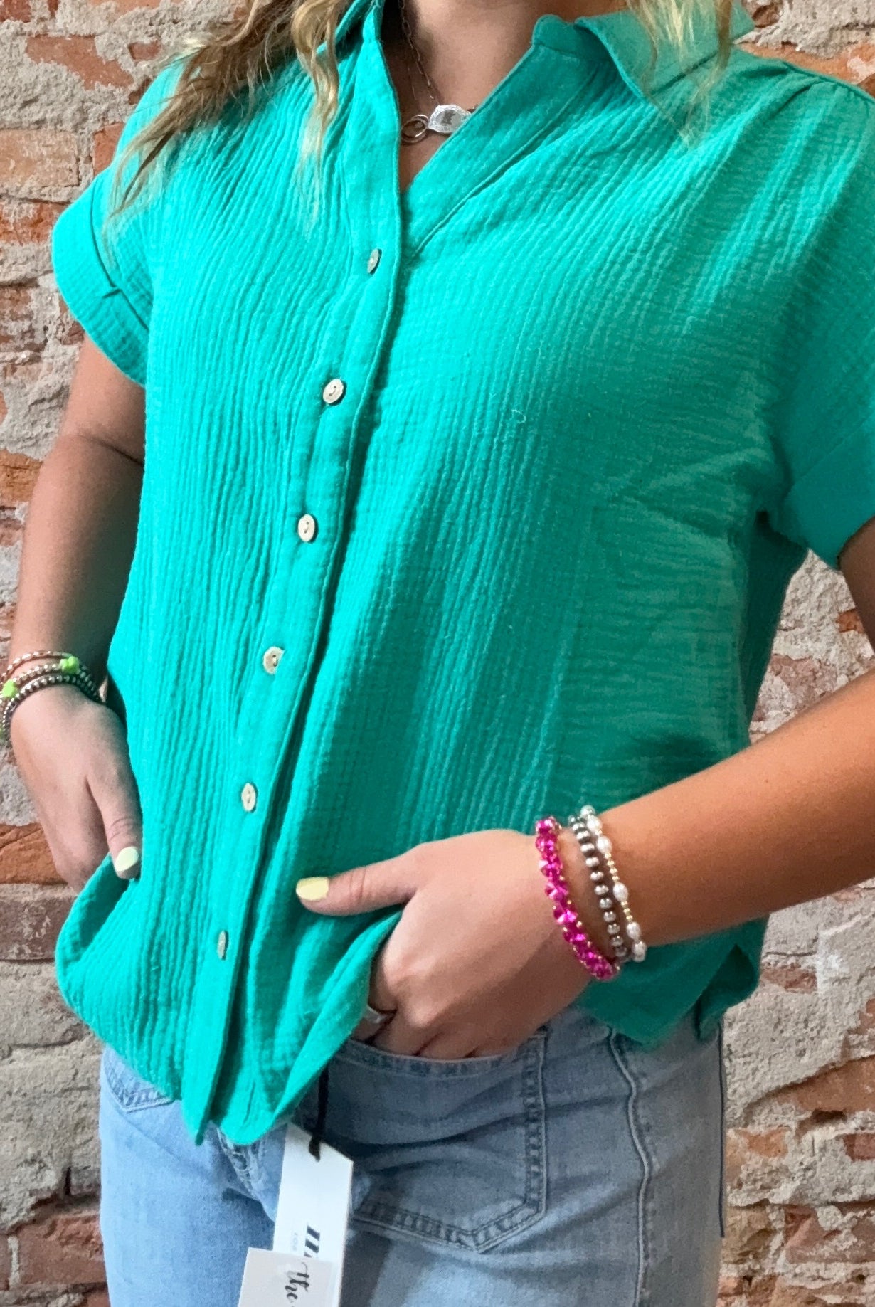 Simone Short Sleeve Gauze Button Down-Cozy Co-The Funky Zebra Ames, Women's Fashion Boutique in Ames, Iowa