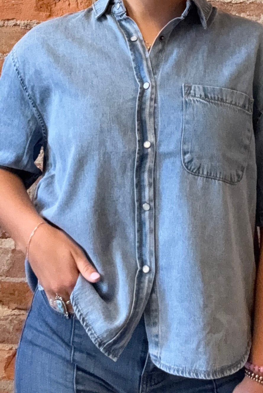 Celeste Blue Woven Denim Top-Short Sleeves-Molly Bracken-The Funky Zebra Ames, Women's Fashion Boutique in Ames, Iowa