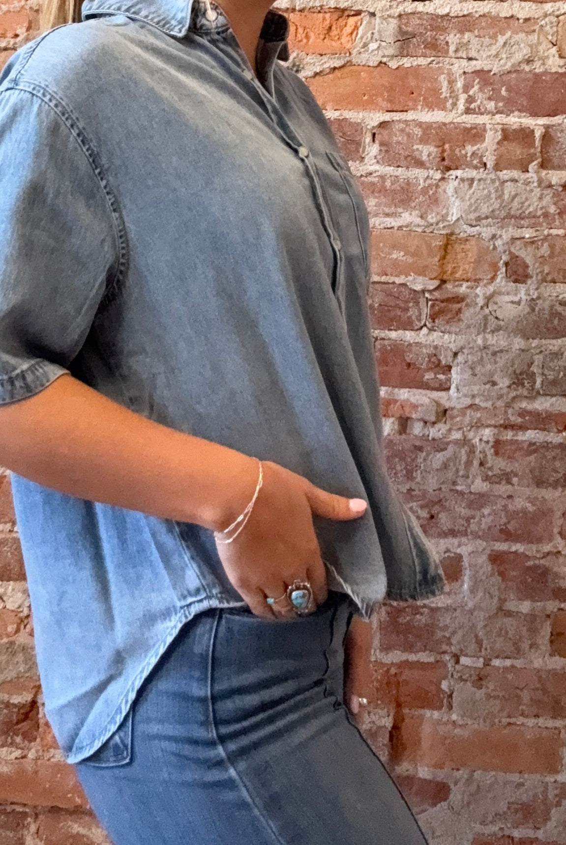 Celeste Blue Woven Denim Top-Short Sleeves-Molly Bracken-The Funky Zebra Ames, Women's Fashion Boutique in Ames, Iowa