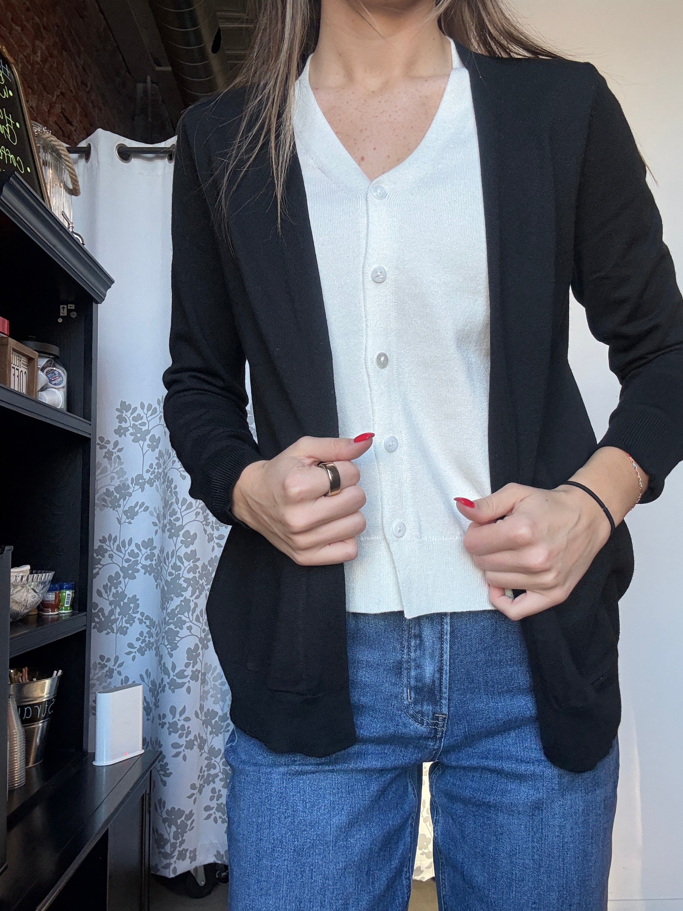 Ada Black Two-for V-neck Sweater Cardigan-Outerwear-Staccato-The Funky Zebra Ames, Women's Fashion Boutique in Ames, Iowa