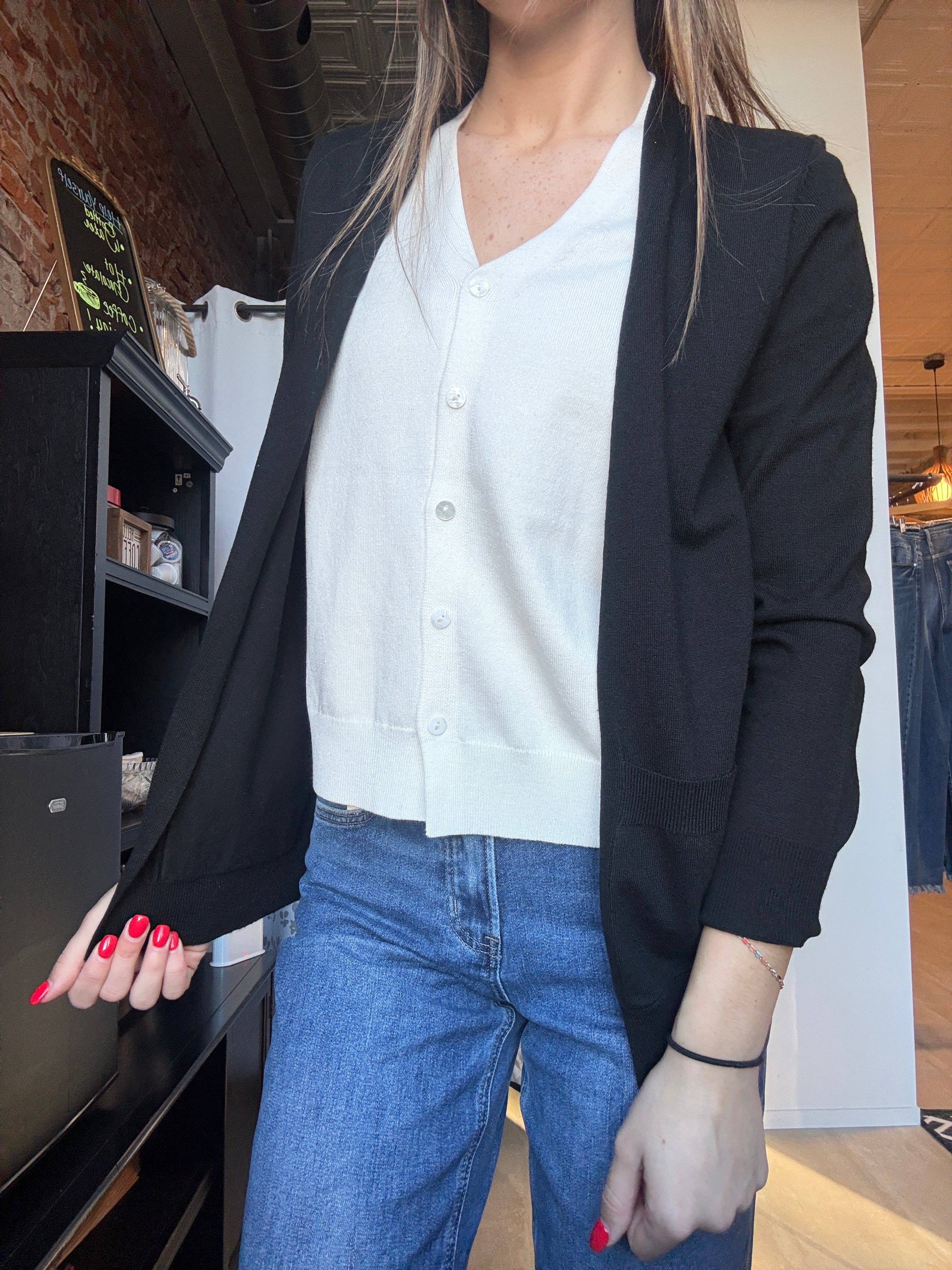 Ada Black Two-for V-neck Sweater Cardigan-Outerwear-Staccato-The Funky Zebra Ames, Women's Fashion Boutique in Ames, Iowa