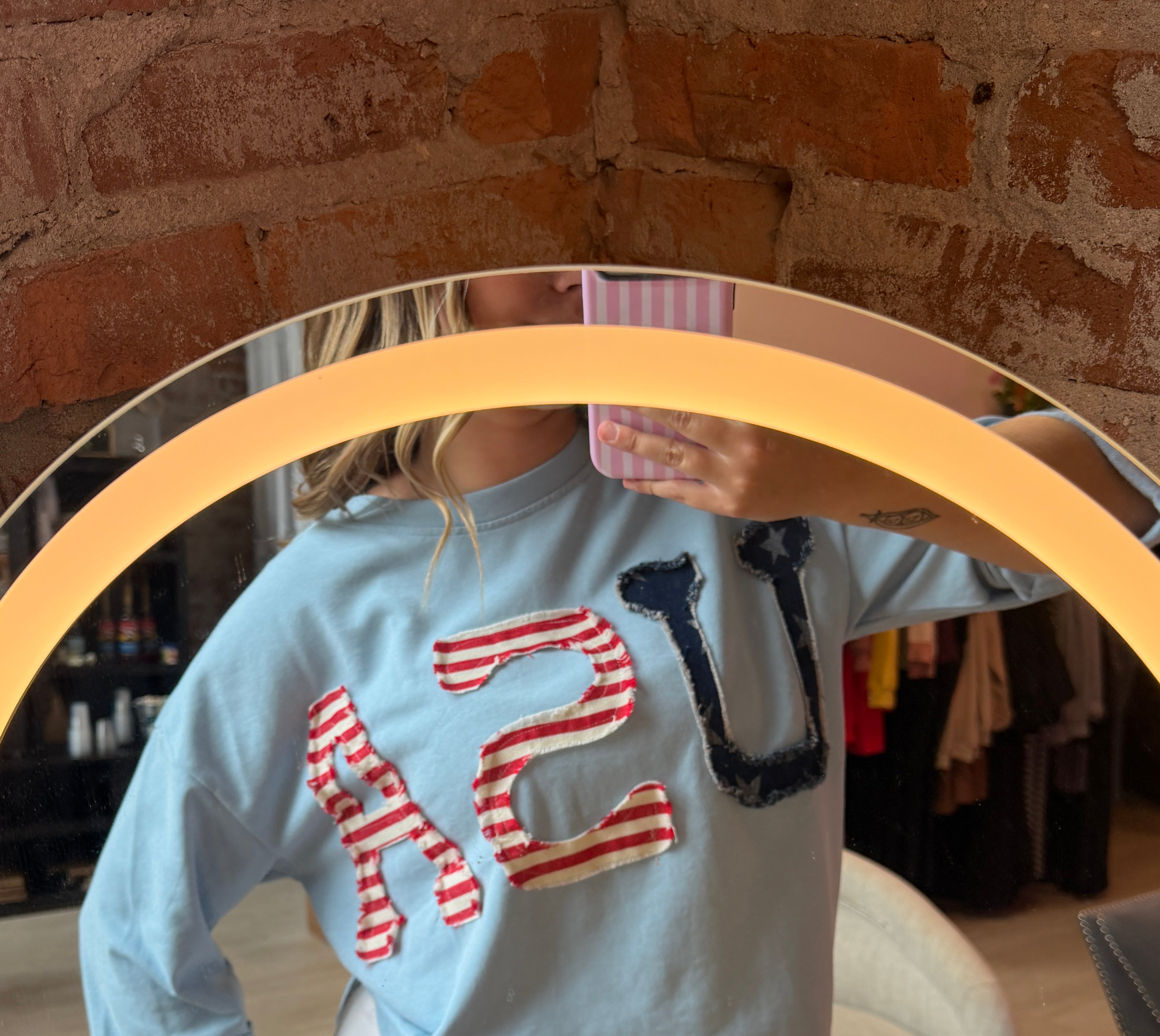 USA Patched Blue Top-Jodifl-The Funky Zebra Ames, Women's Fashion Boutique in Ames, Iowa