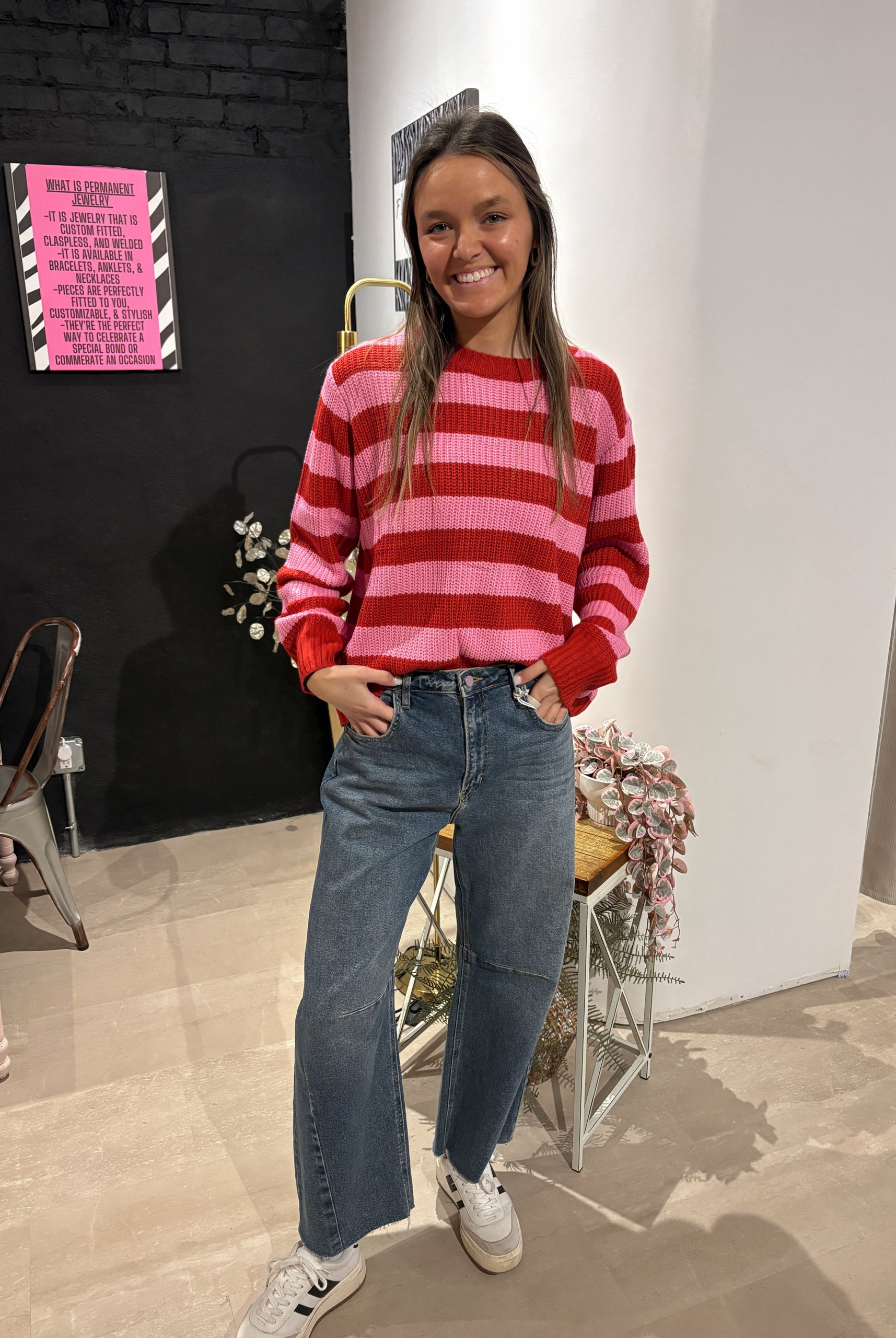 Claire Pink & Red Striped Sweater-Sweaters-Panache Apparel Co.-The Funky Zebra Ames, Women's Fashion Boutique in Ames, Iowa