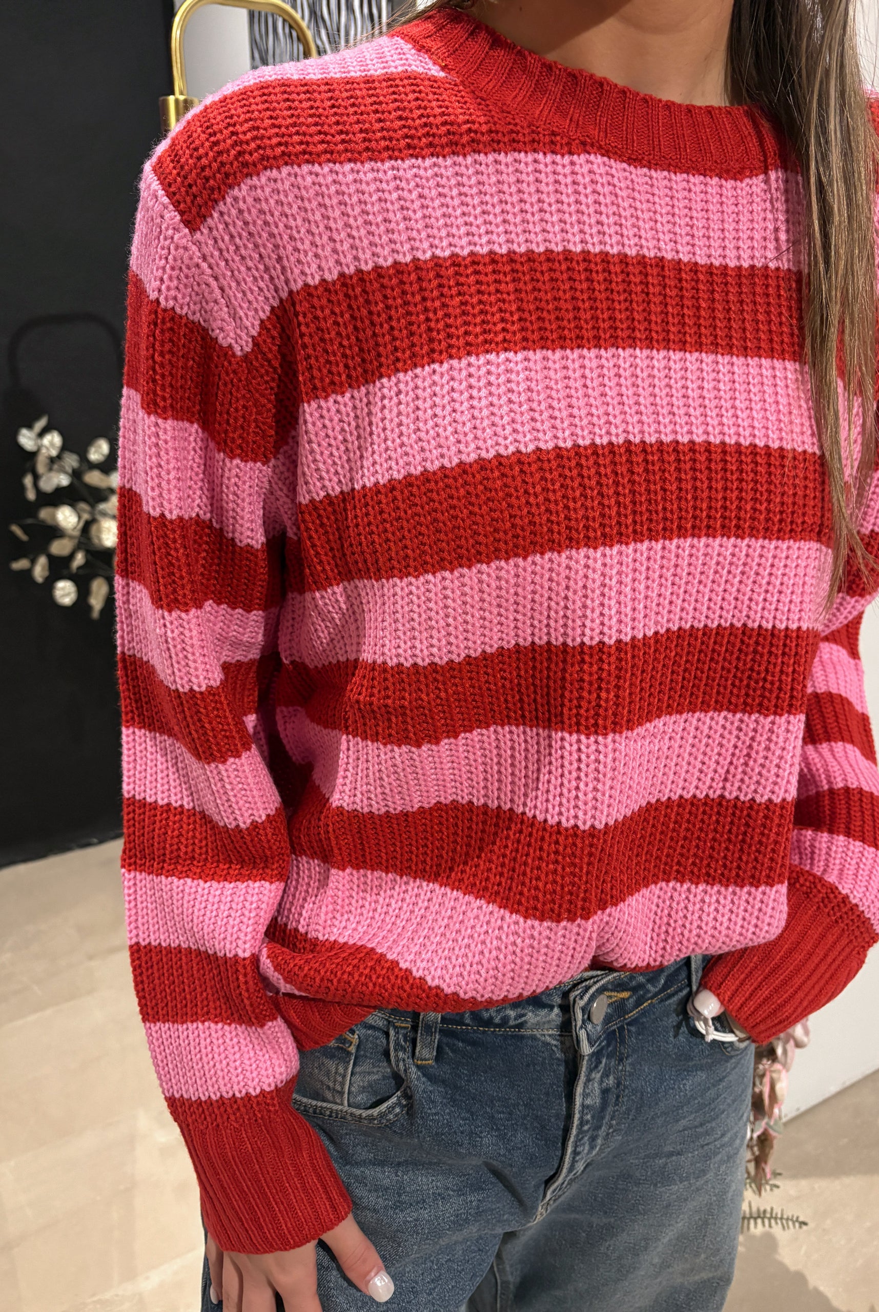 Claire Pink & Red Striped Sweater-Sweaters-Panache Apparel Co.-The Funky Zebra Ames, Women's Fashion Boutique in Ames, Iowa