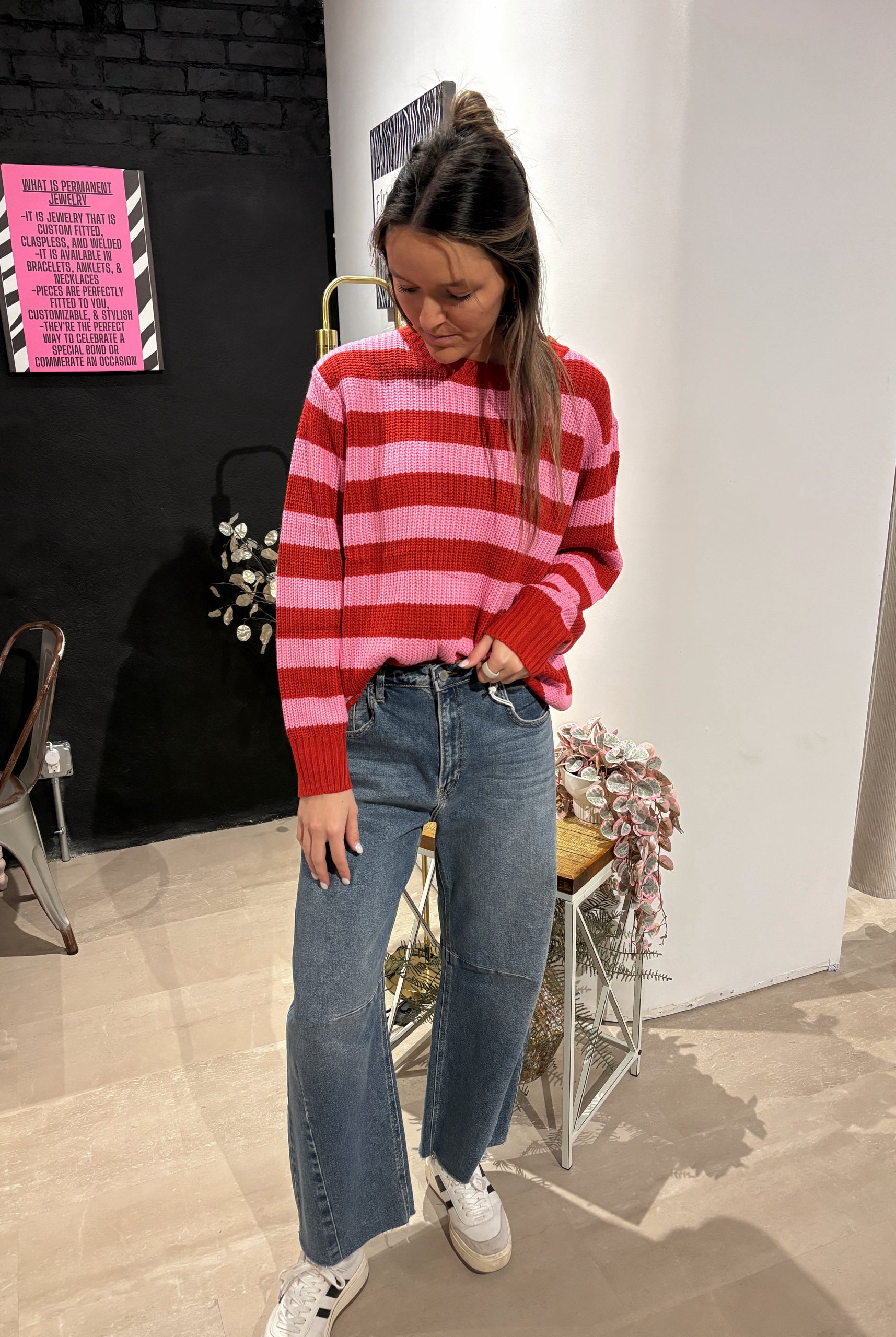 Claire Pink & Red Striped Sweater-Sweaters-Panache Apparel Co.-The Funky Zebra Ames, Women's Fashion Boutique in Ames, Iowa