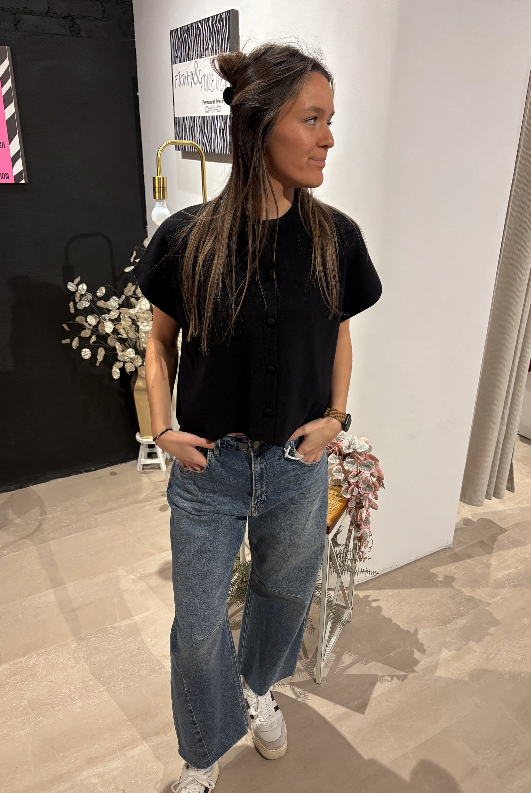 Mollie Button Down Cap Sleeve Top-Sweaters-Pinch-The Funky Zebra Ames, Women's Fashion Boutique in Ames, Iowa