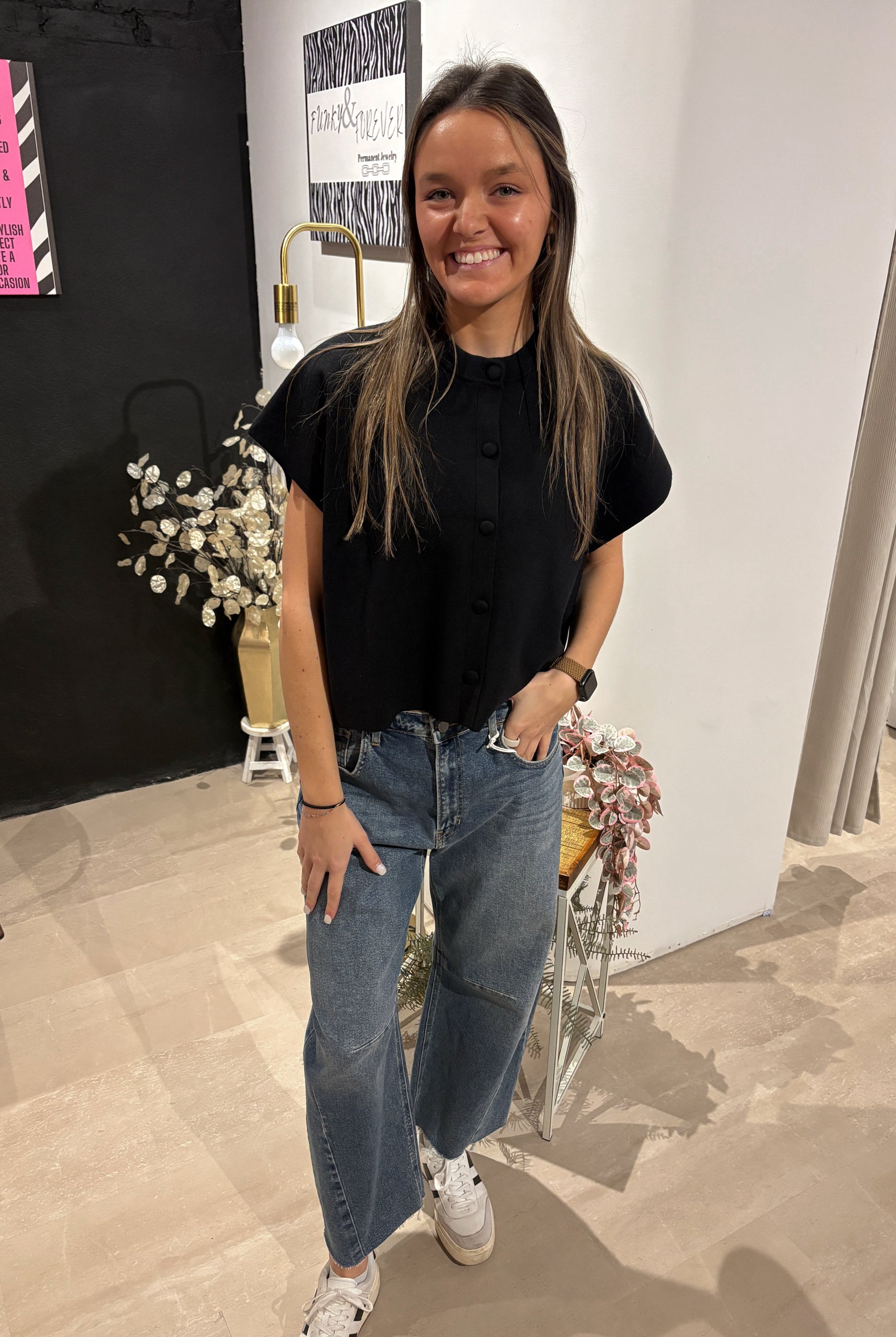 Mollie Button Down Cap Sleeve Top-Sweaters-Pinch-The Funky Zebra Ames, Women's Fashion Boutique in Ames, Iowa