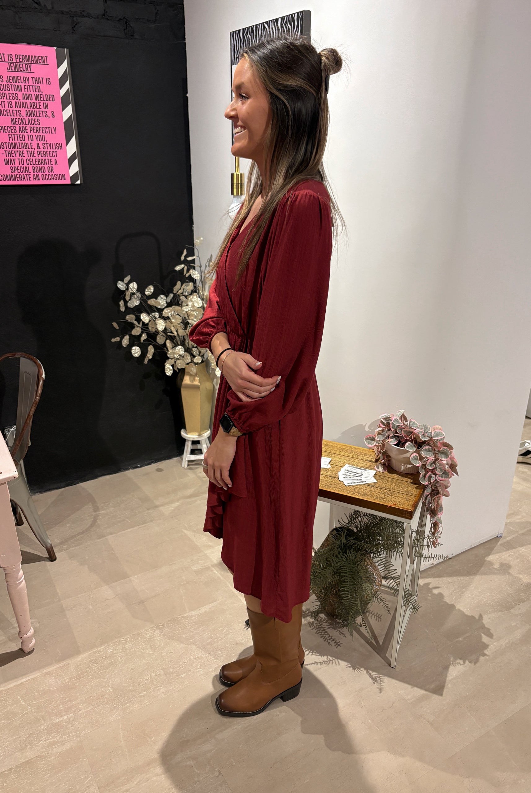 Surplice Long Sleeve Flare Hem Midi Dress-Dresses-Gilli-The Funky Zebra Ames, Women's Fashion Boutique in Ames, Iowa