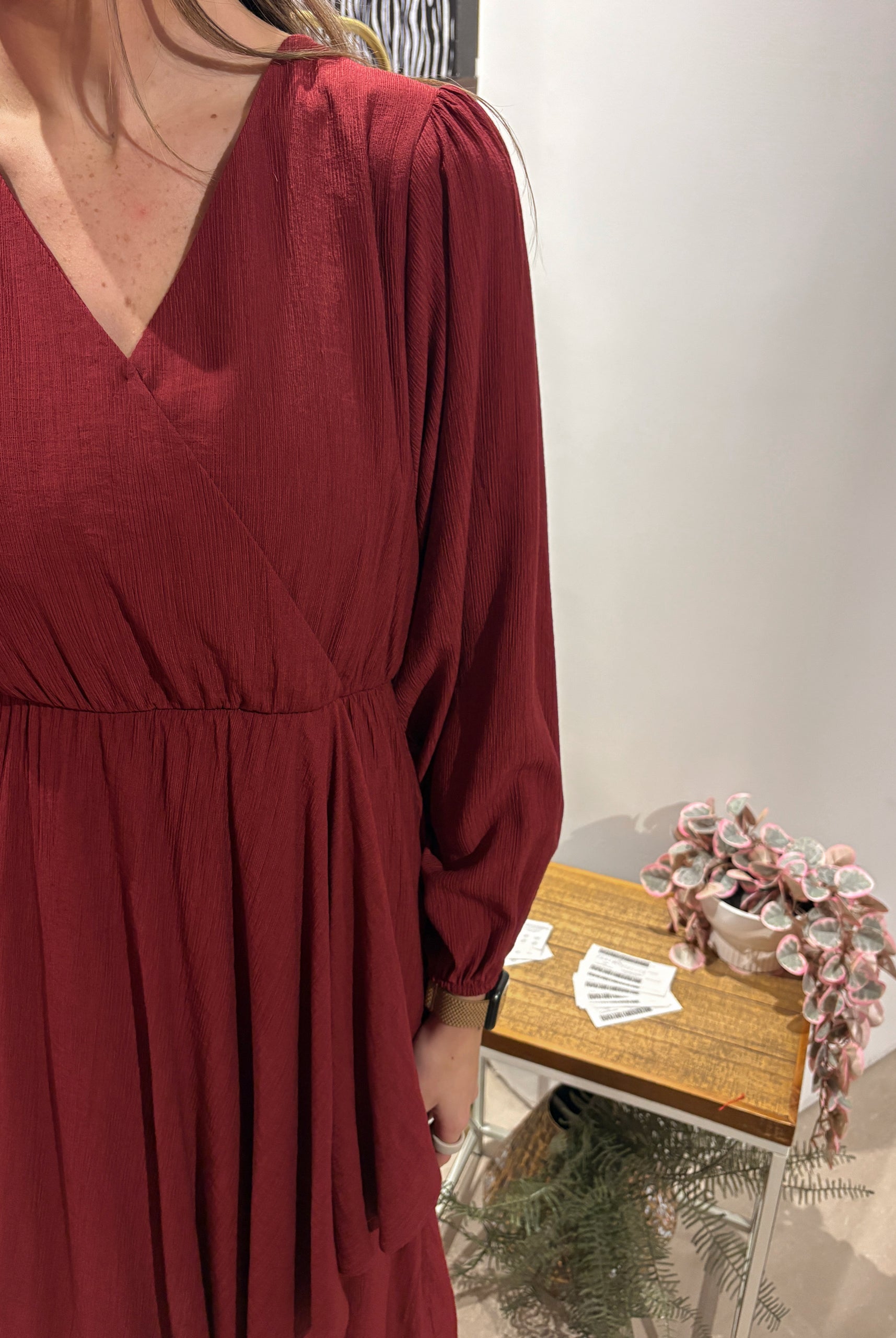 Surplice Long Sleeve Flare Hem Midi Dress-Dresses-Gilli-The Funky Zebra Ames, Women's Fashion Boutique in Ames, Iowa