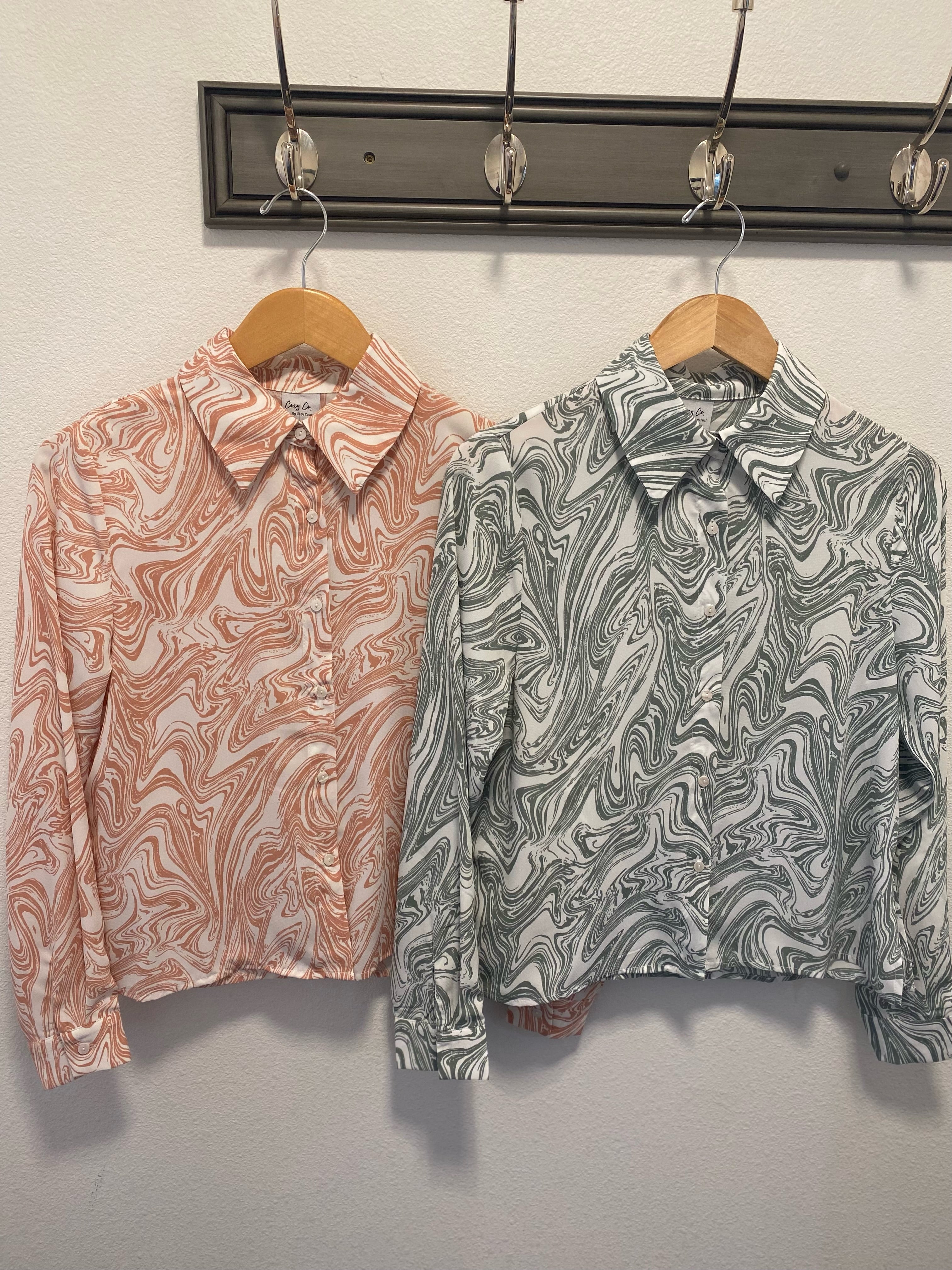 MN Marble Print Button Down-Sage-Long Sleeves-The Funky Zebra Ames-The Funky Zebra Ames, Women's Fashion Boutique in Ames, Iowa