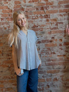 Gemma Pinstripe Button Down Top-Short Sleeves-Blu Pepper-The Funky Zebra Ames, Women's Fashion Boutique in Ames, Iowa