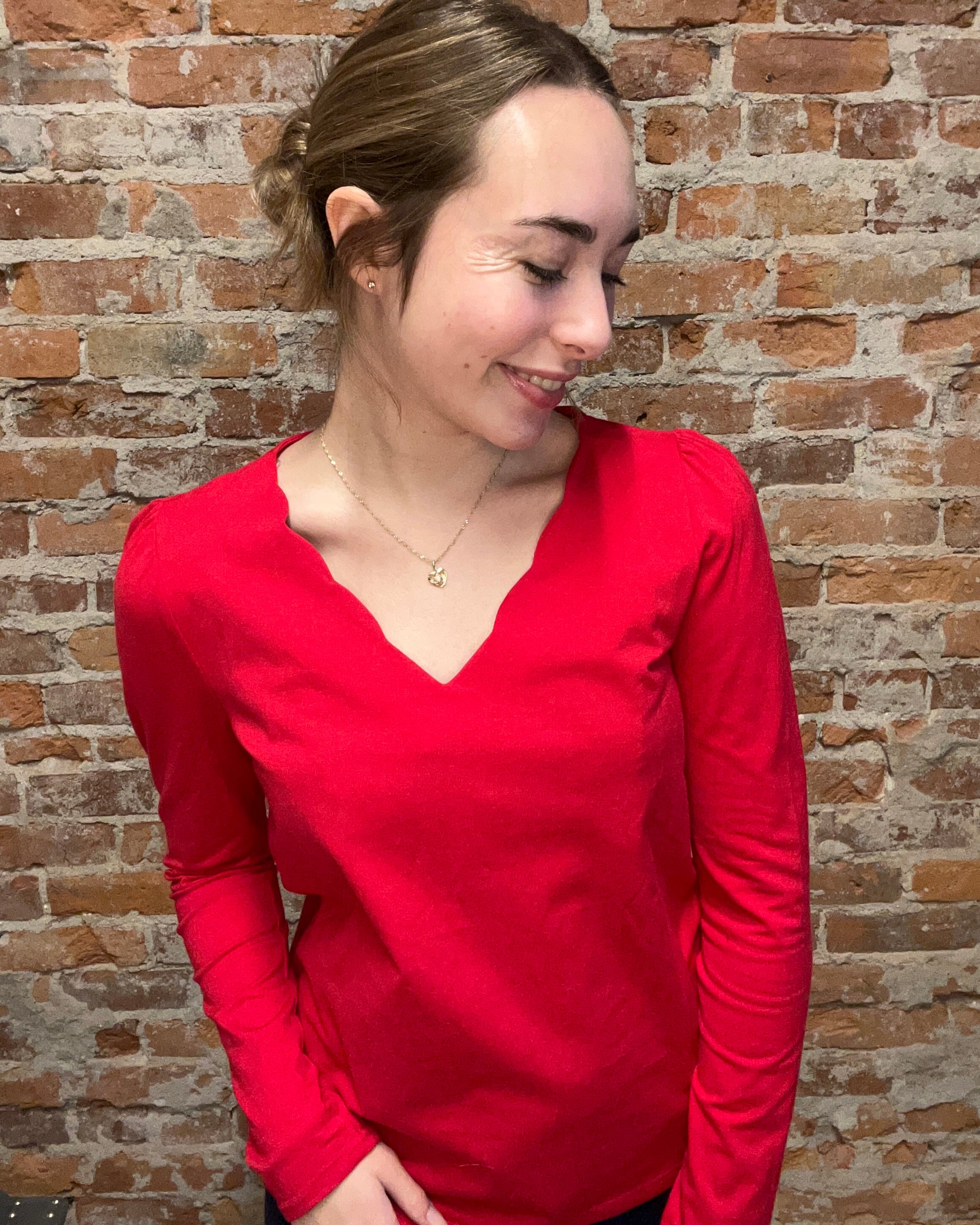 Kailee Red Scallop Top-Long Sleeves-Staccato-The Funky Zebra Ames, Women's Fashion Boutique in Ames, Iowa