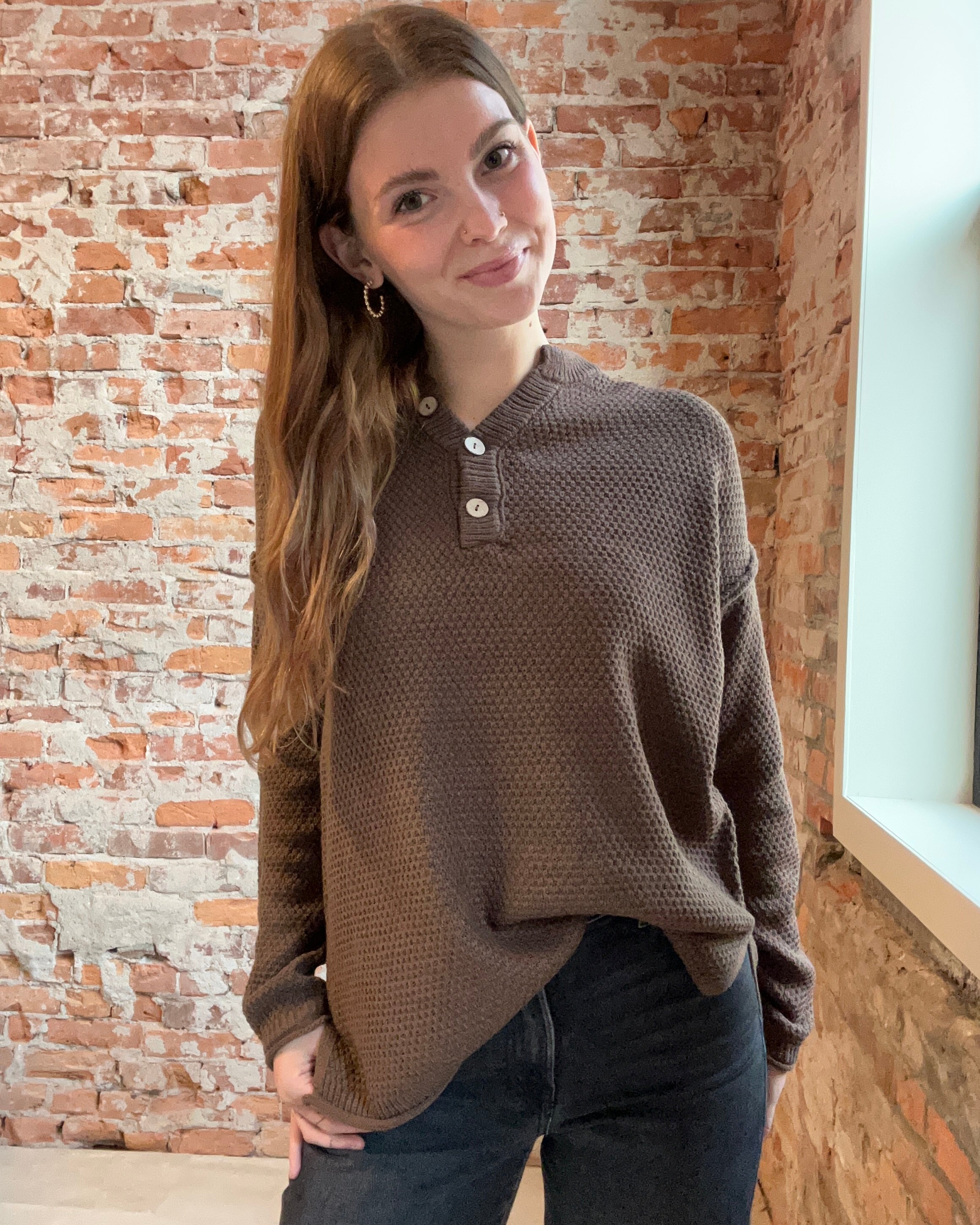 Brown Button Henley Basic Sweater-Sweaters-Zenana-The Funky Zebra Ames, Women's Fashion Boutique in Ames, Iowa