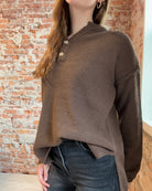 Brown Button Henley Basic Sweater-Sweaters-Zenana-The Funky Zebra Ames, Women's Fashion Boutique in Ames, Iowa