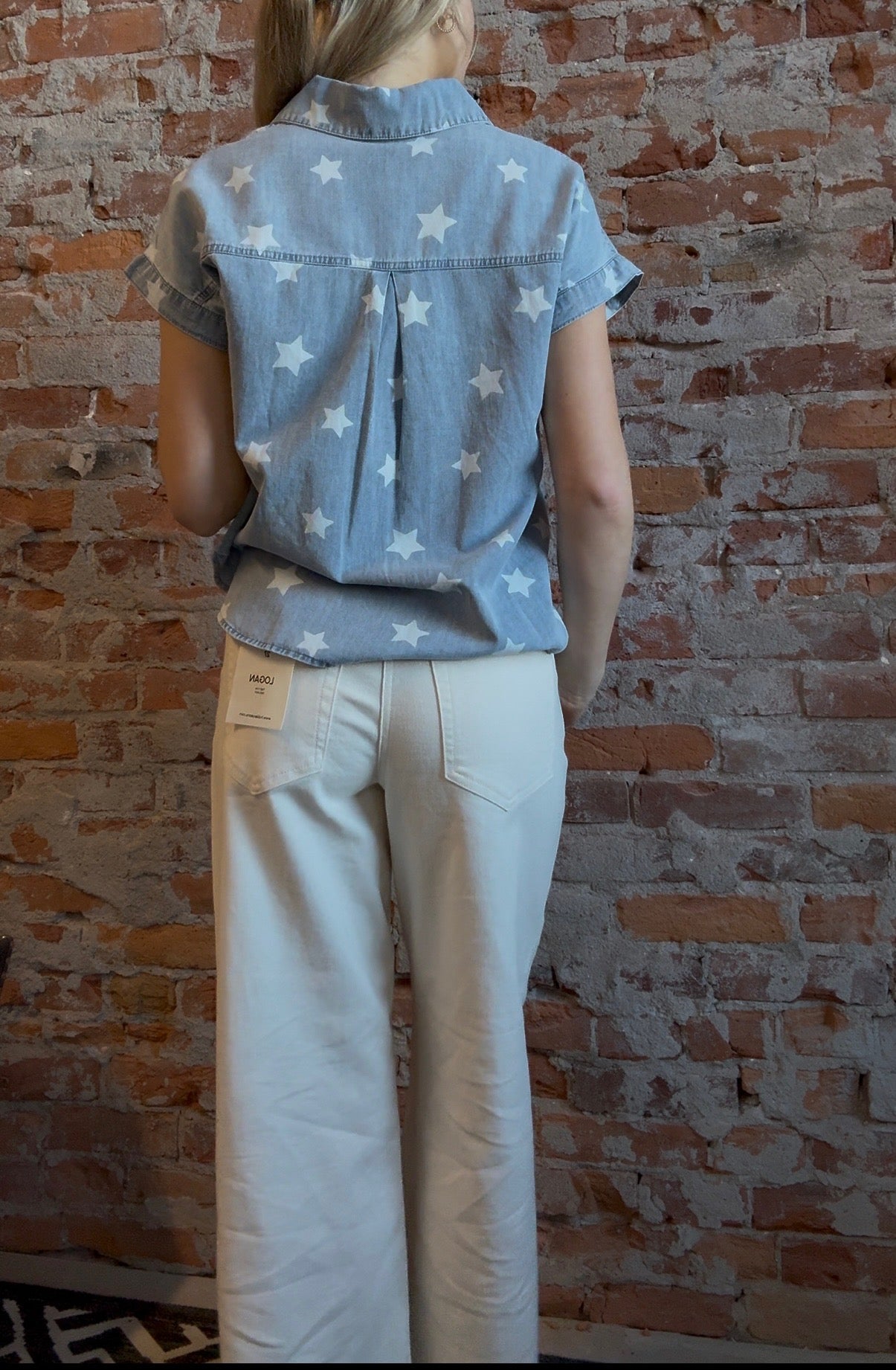 Georgia Washed Denim Star Top-Short Sleeves-Blu Pepper-The Funky Zebra Ames, Women's Fashion Boutique in Ames, Iowa