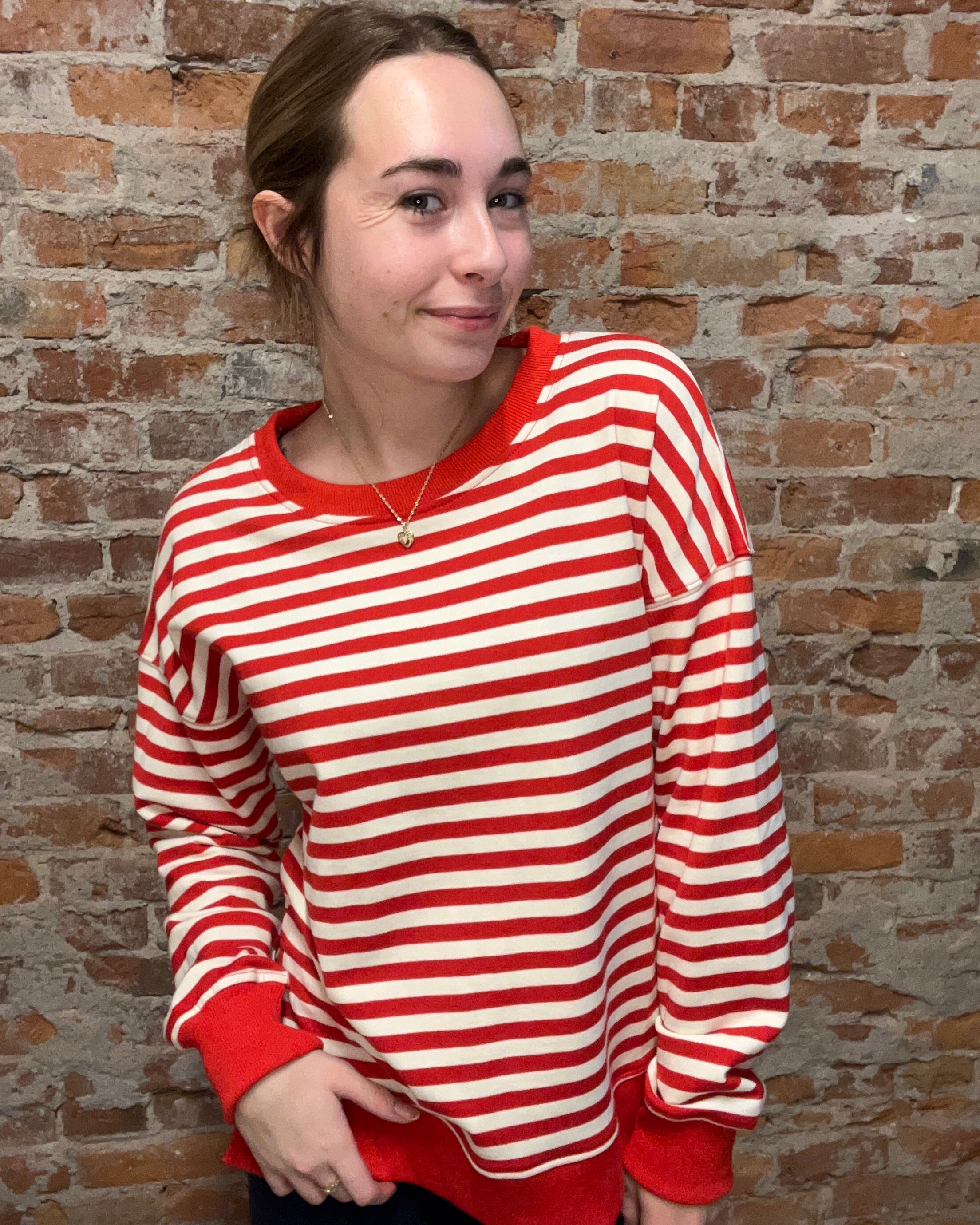 Staci Red Striped Crew Top-Long Sleeves-The Funky Zebra Ames-The Funky Zebra Ames, Women's Fashion Boutique in Ames, Iowa