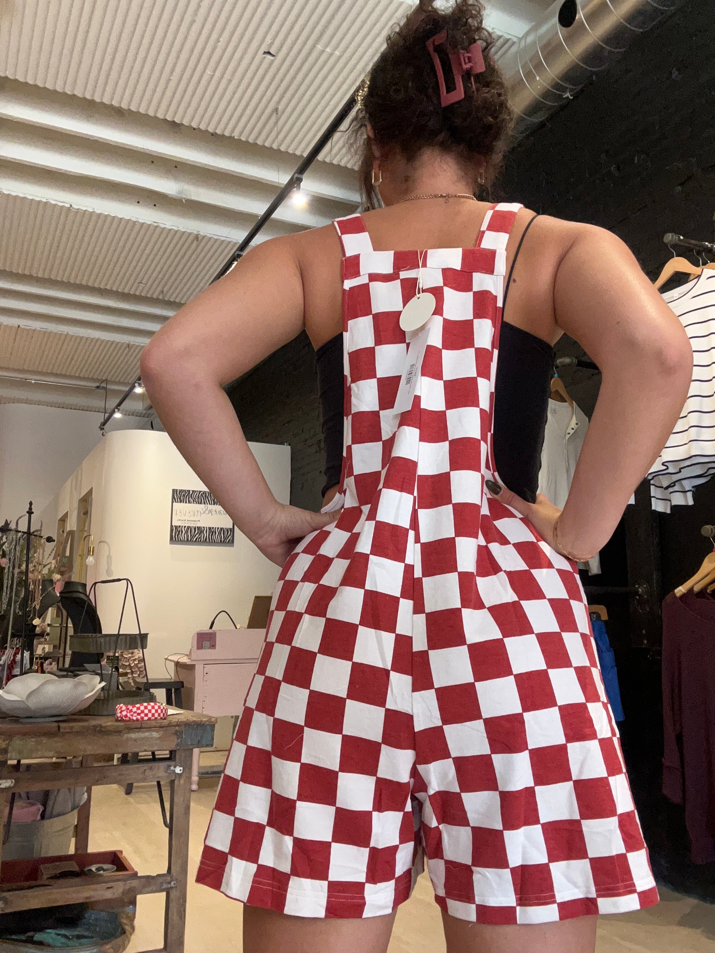 Lori Checkerboard Overall Romper-Overalls-Oddi-The Funky Zebra Ames, Women's Fashion Boutique in Ames, Iowa
