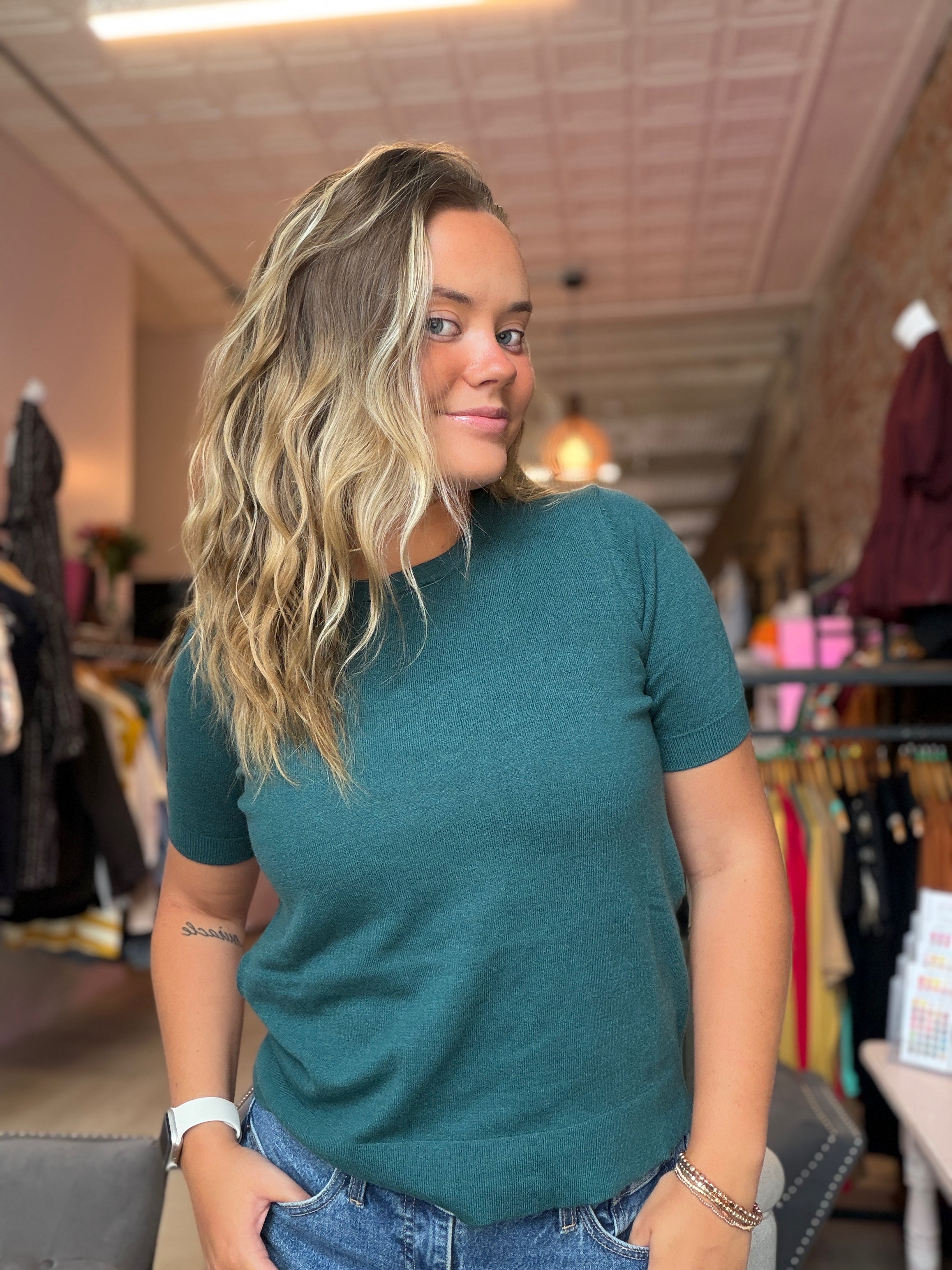 Anna Knitted Puff Sleeve Top-Short Sleeves-La Miel-The Funky Zebra Ames, Women's Fashion Boutique in Ames, Iowa