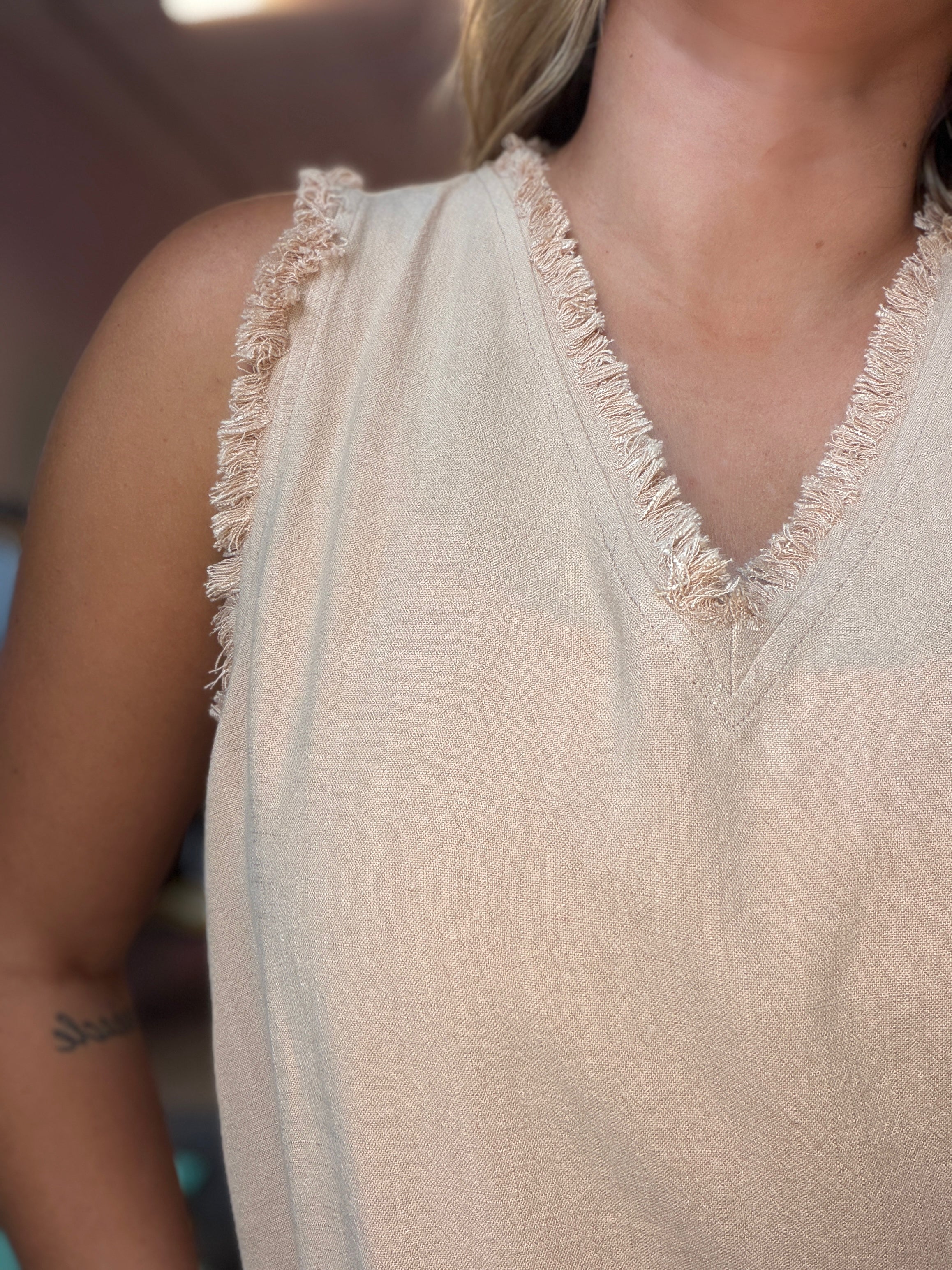 Serena Sleeveless Gauze Fringe Top-La Miel-The Funky Zebra Ames, Women's Fashion Boutique in Ames, Iowa
