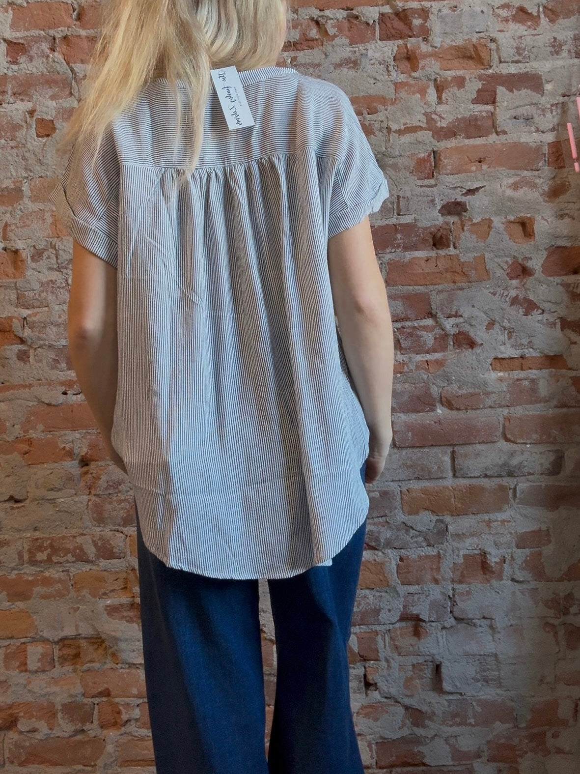 Gemma Pinstripe Button Down Top-Short Sleeves-Blu Pepper-The Funky Zebra Ames, Women's Fashion Boutique in Ames, Iowa