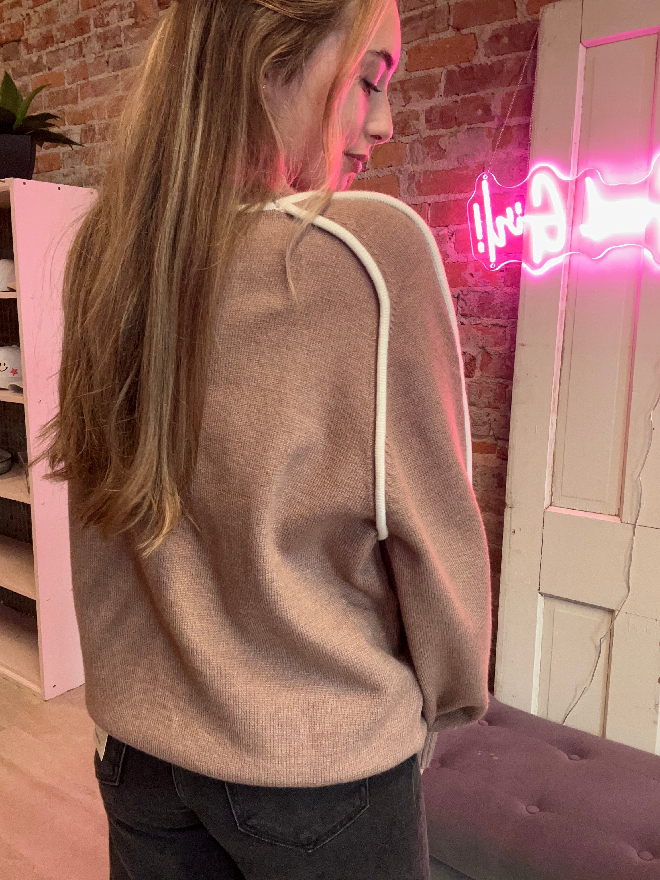 Jordyn Brown/Cream Stitch Sweater Detail-Sweaters-Gilli-The Funky Zebra Ames, Women's Fashion Boutique in Ames, Iowa