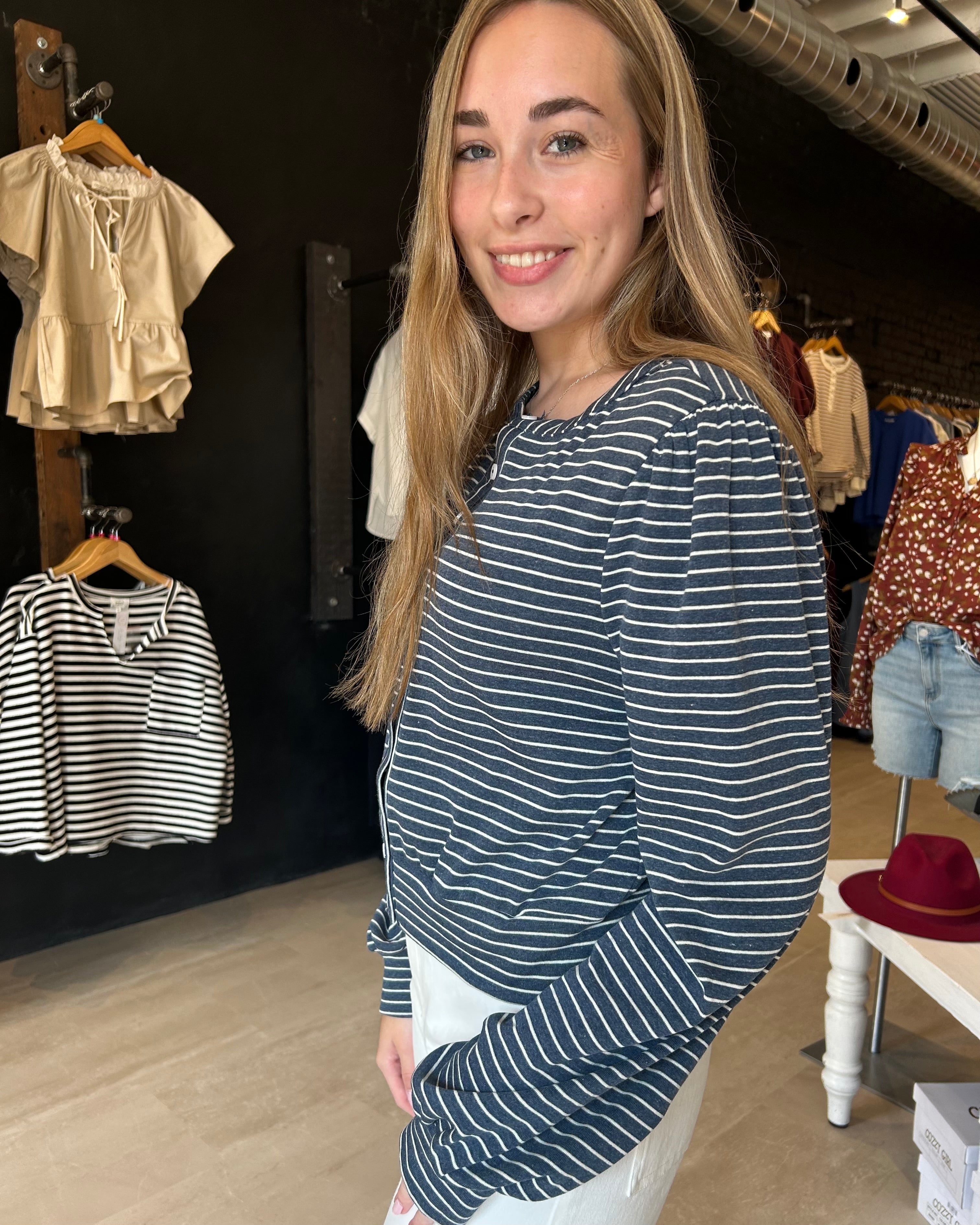 Anna Striped Button Front Blouse-The Funky Zebra Ames-The Funky Zebra Ames, Women's Fashion Boutique in Ames, Iowa