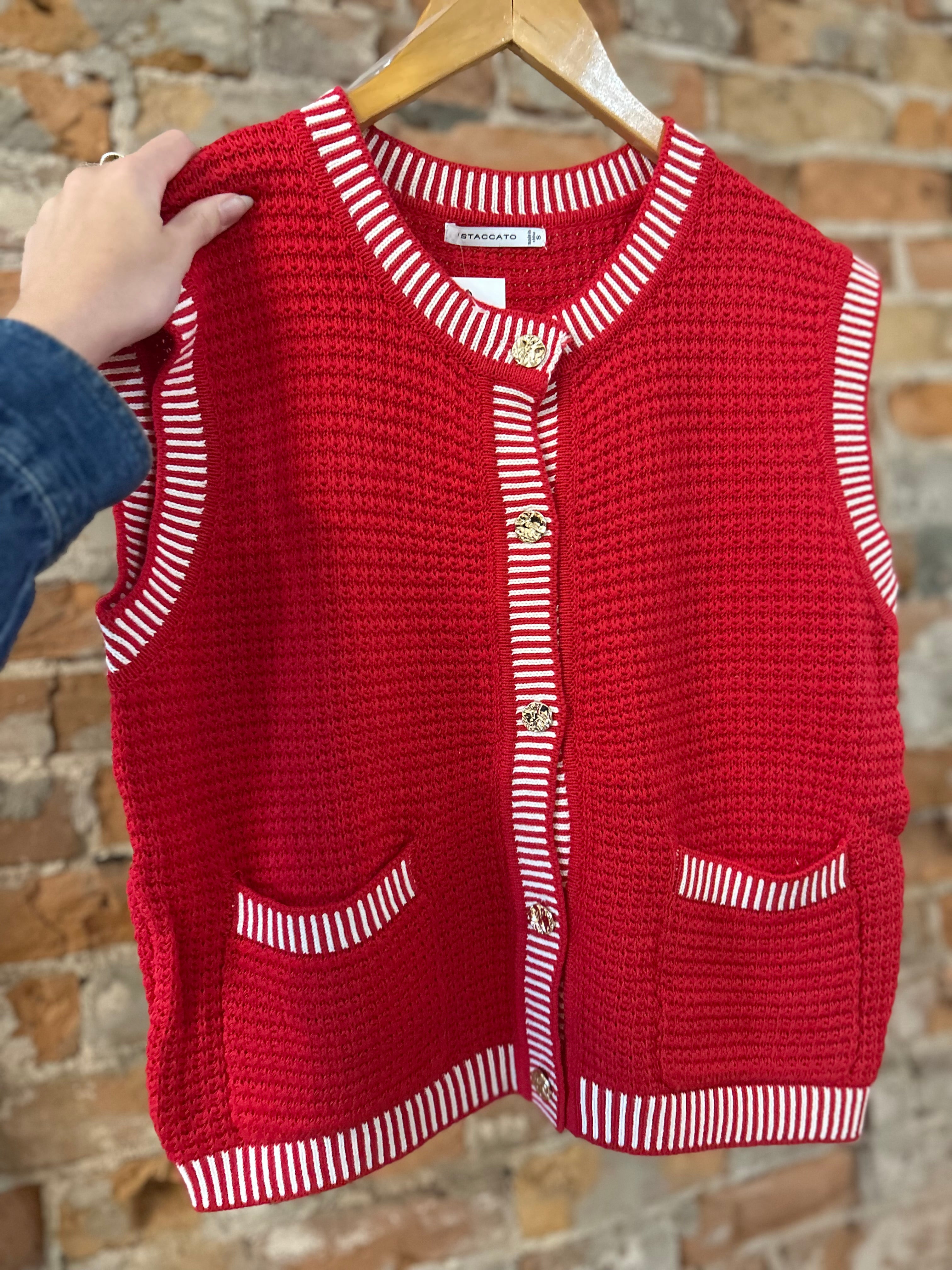 Miranda Red Button Down Swater Vest-Vests-Staccato-The Funky Zebra Ames, Women's Fashion Boutique in Ames, Iowa
