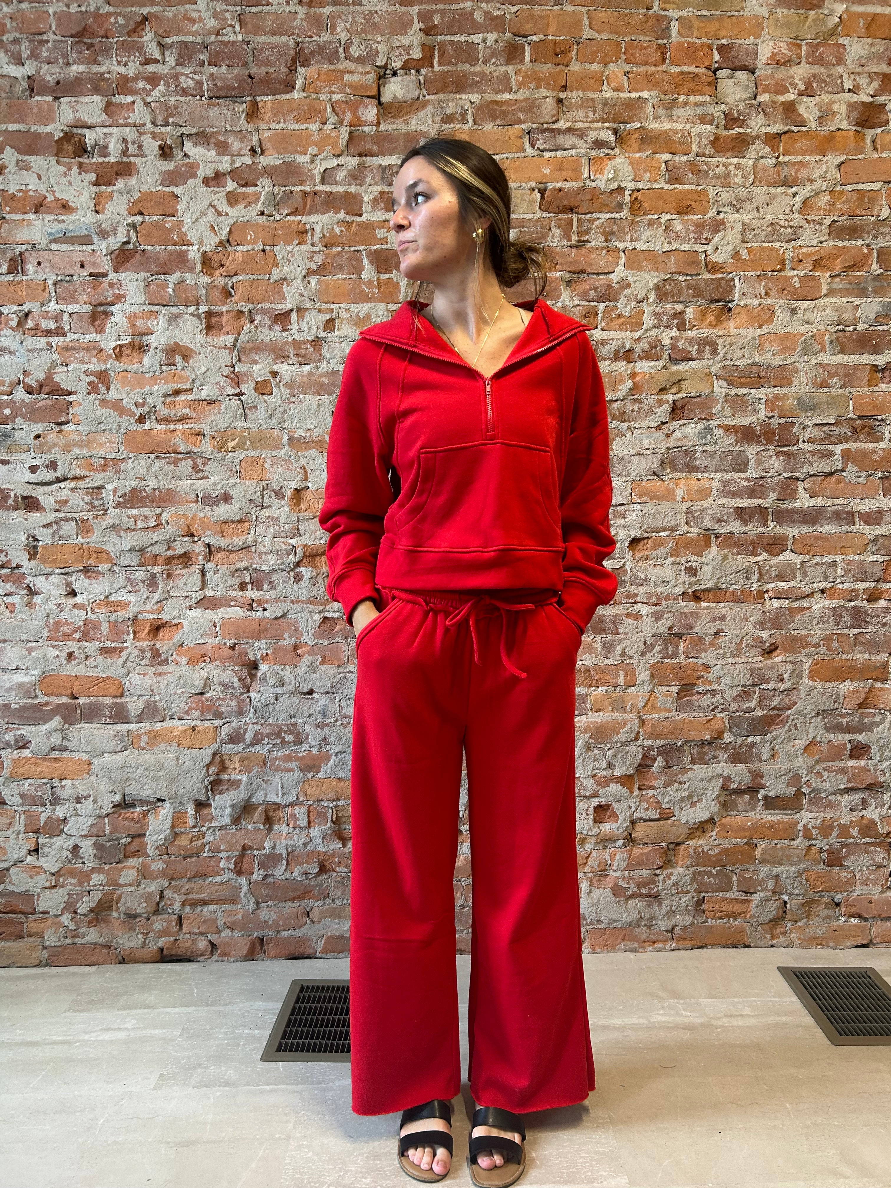 Red Fleece Half Zip-Sweatshirt-Zenana-The Funky Zebra Ames, Women's Fashion Boutique in Ames, Iowa