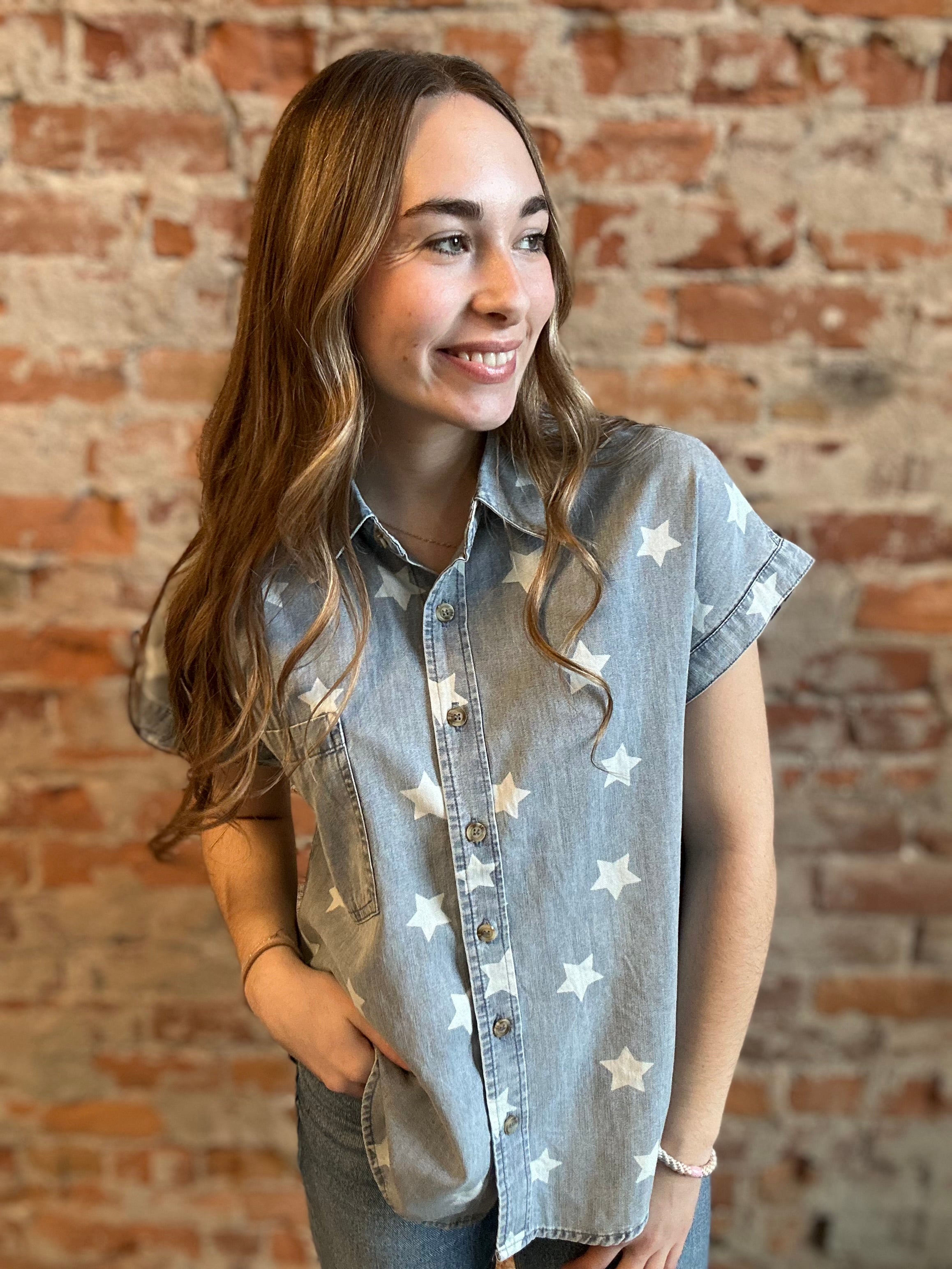 Georgia Washed Denim Star Top-Short Sleeves-Blu Pepper-The Funky Zebra Ames, Women's Fashion Boutique in Ames, Iowa