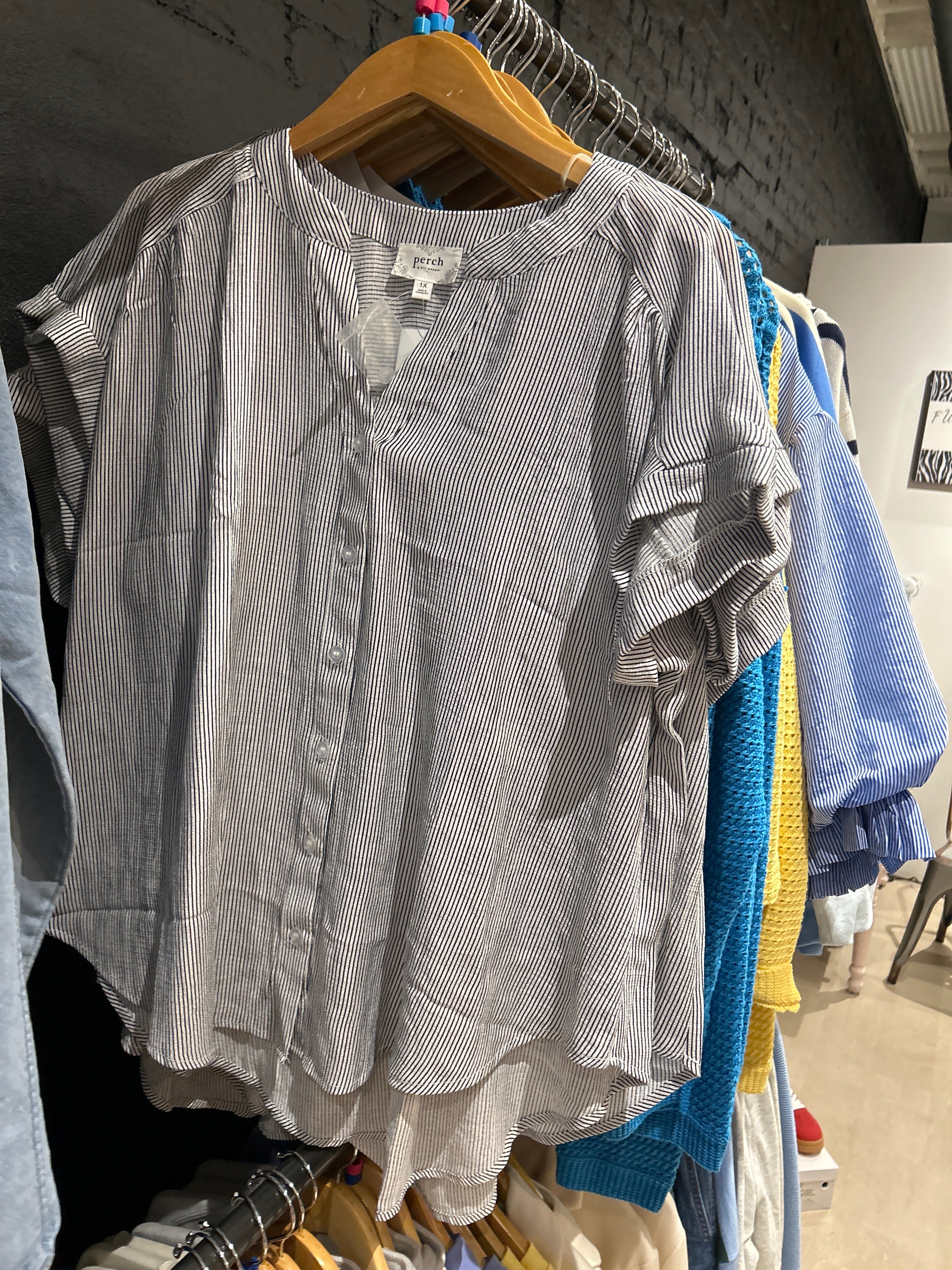 Gemma Pinstripe Button Down Top-Short Sleeves-Blu Pepper-The Funky Zebra Ames, Women's Fashion Boutique in Ames, Iowa