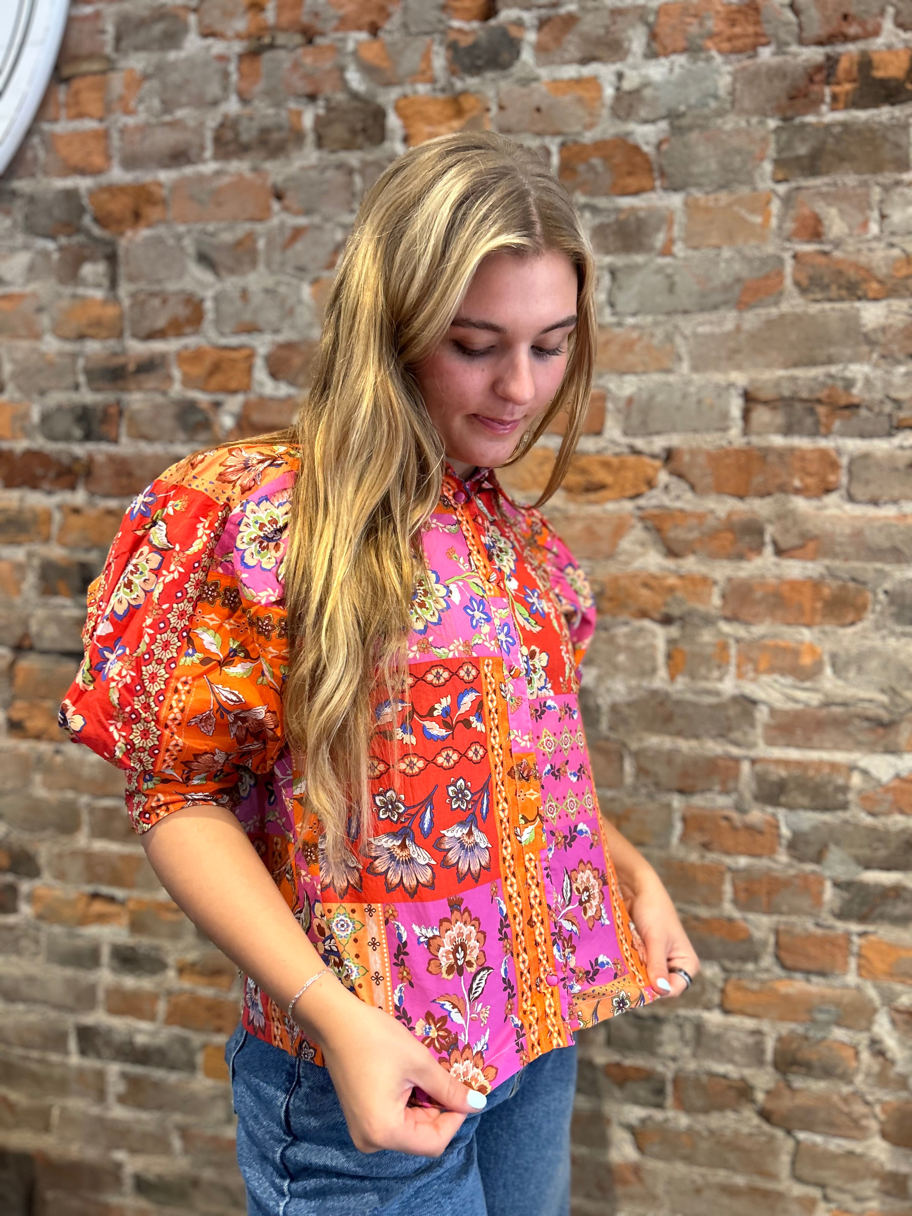 Rose Multi Print Blouse-The Funky Zebra Ames-The Funky Zebra Ames, Women's Fashion Boutique in Ames, Iowa