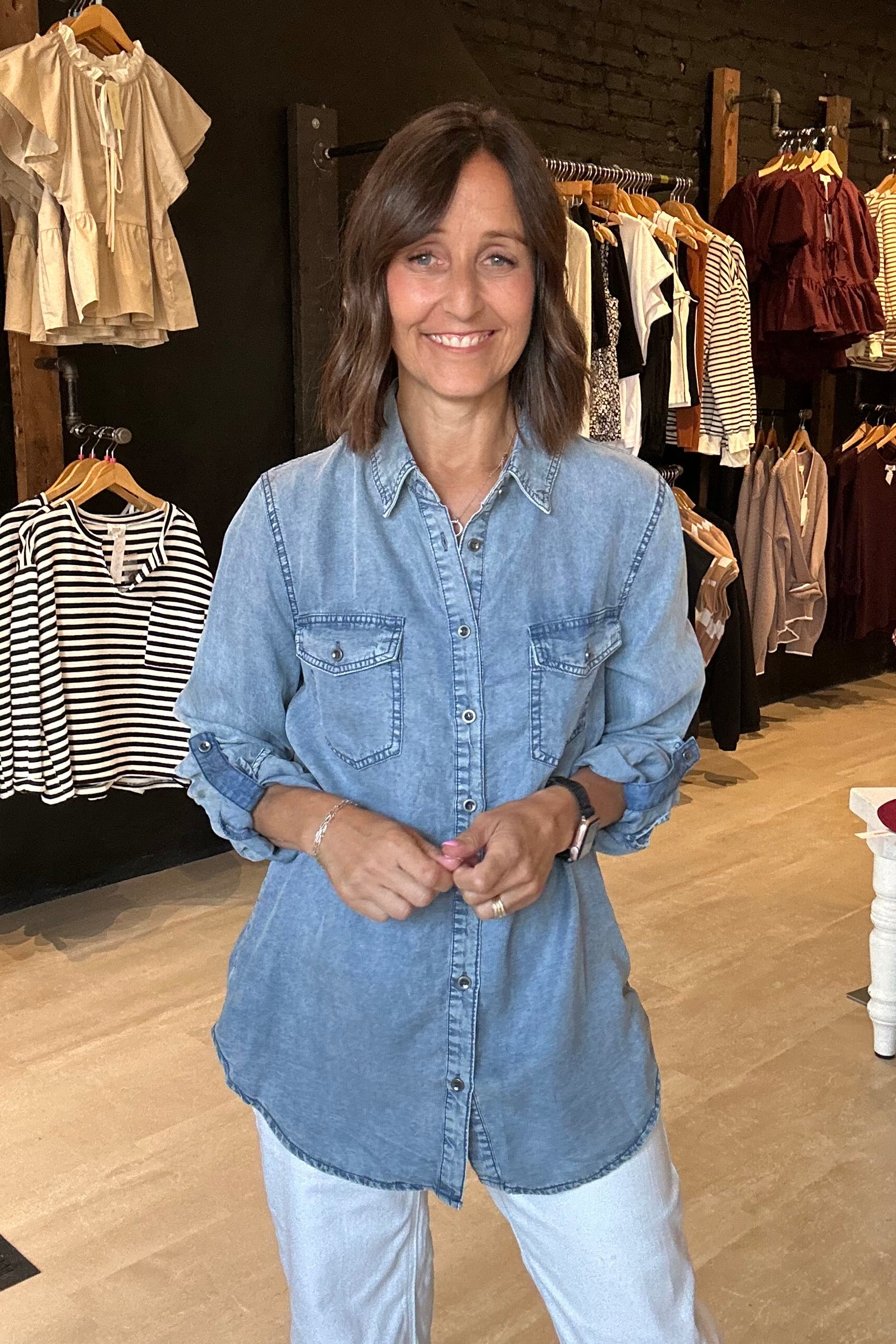 Sara Chambray Button Down Top-Long Sleeves-Doe and Rae-The Funky Zebra Ames, Women's Fashion Boutique in Ames, Iowa