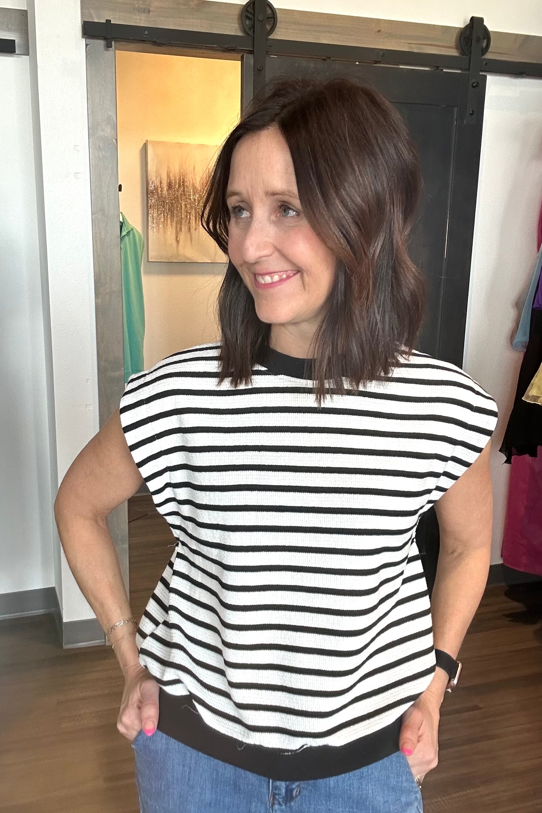 Sarah Stripe Top-Short Sleeves-The Funky Zebra Ames-The Funky Zebra Ames, Women's Fashion Boutique in Ames, Iowa