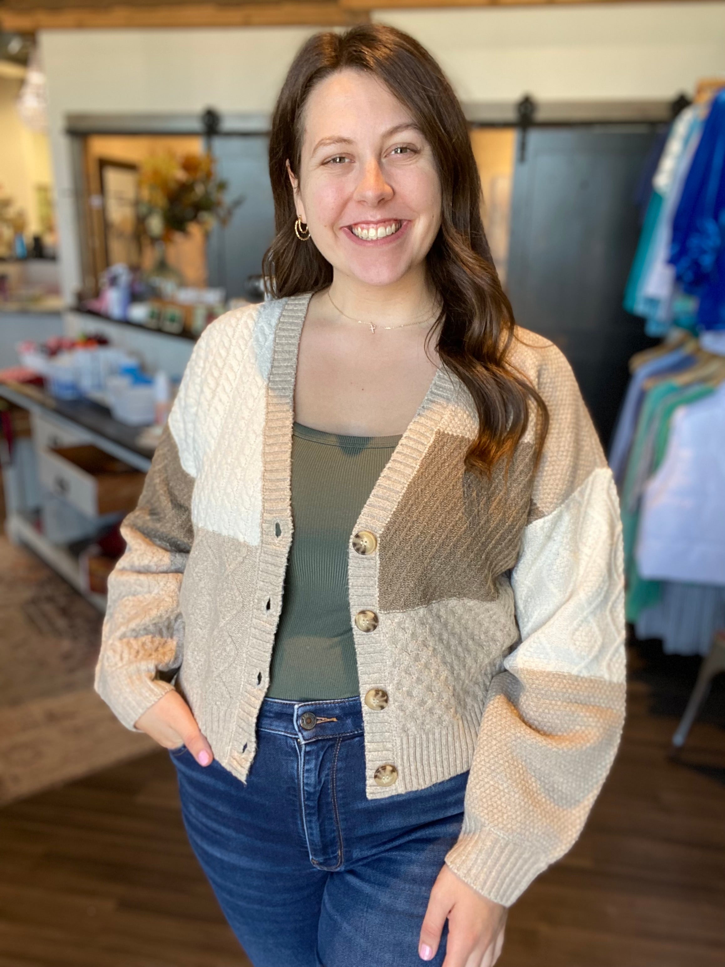 Michelle Patchwork Cardi-Blu Pepper-The Funky Zebra Ames, Women's Fashion Boutique in Ames, Iowa