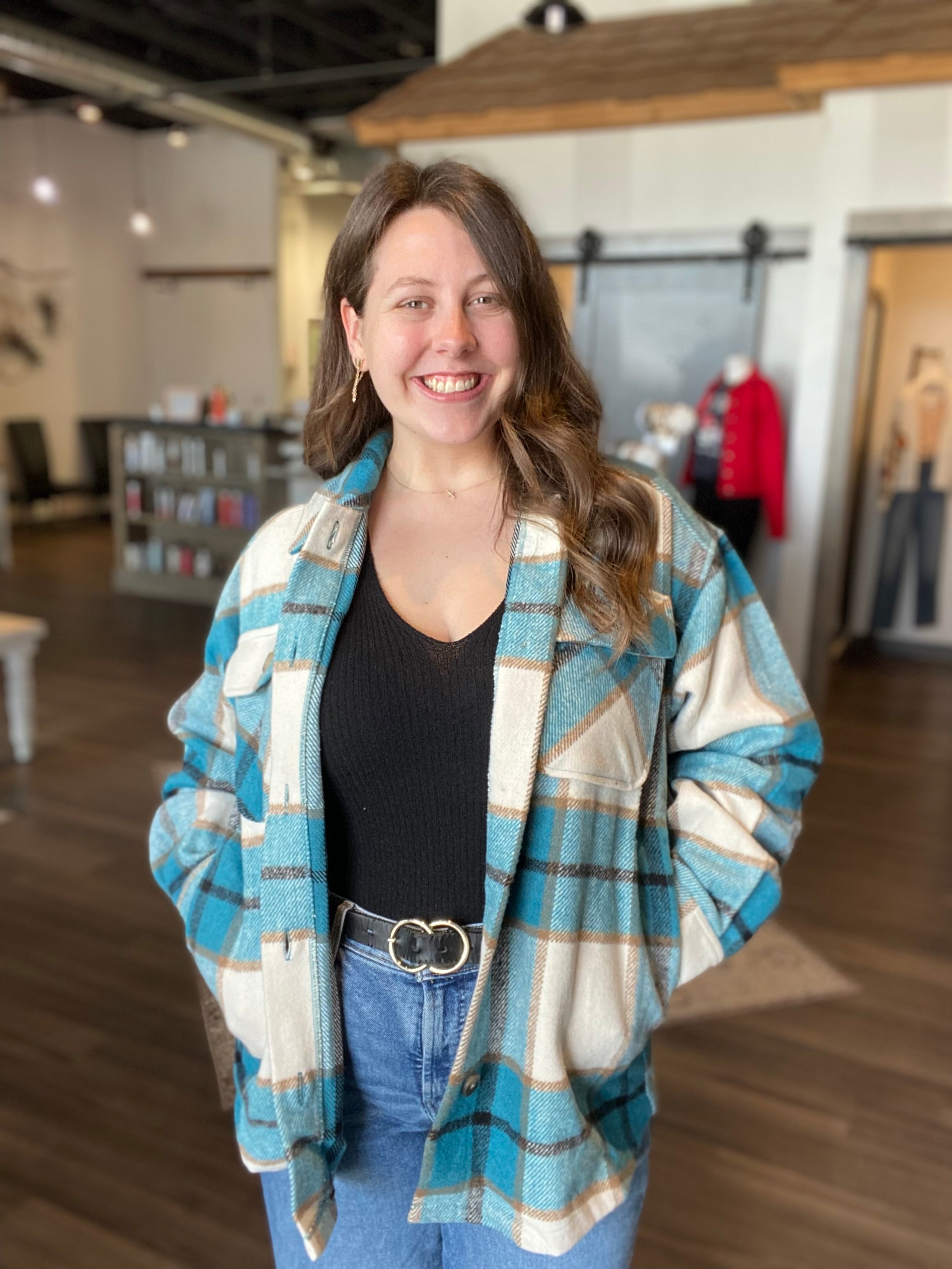 Jordyn Teal Plaid Shacket-Shackets-Way-The Funky Zebra Ames, Women's Fashion Boutique in Ames, Iowa