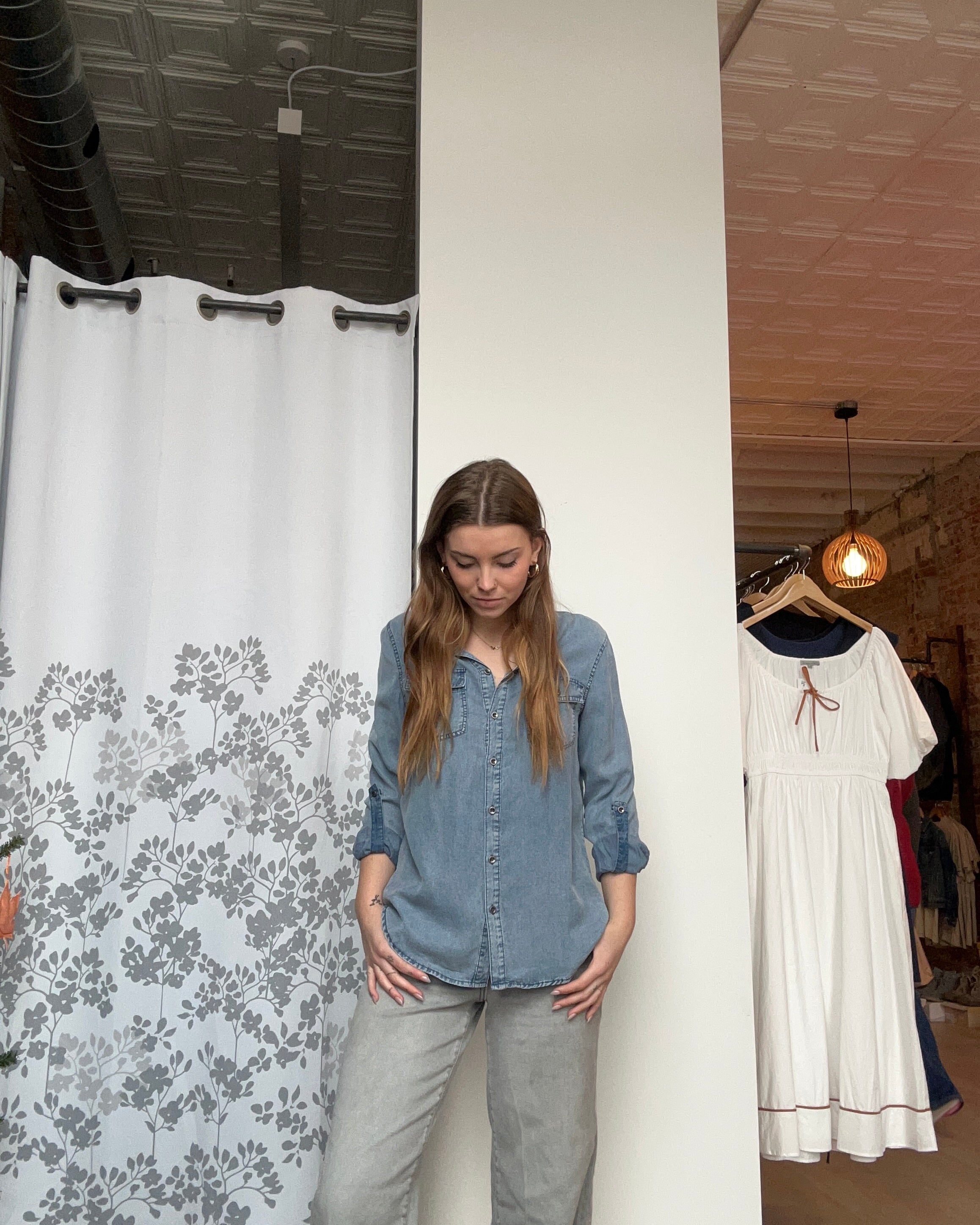 Chambray Button Down Shirt With Roll up Sleeve-Doe and Rae-The Funky Zebra Ames, Women's Fashion Boutique in Ames, Iowa