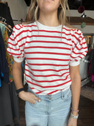 Erica Striped Puff Sleeve-Sweaters-La Miel-The Funky Zebra Ames, Women's Fashion Boutique in Ames, Iowa