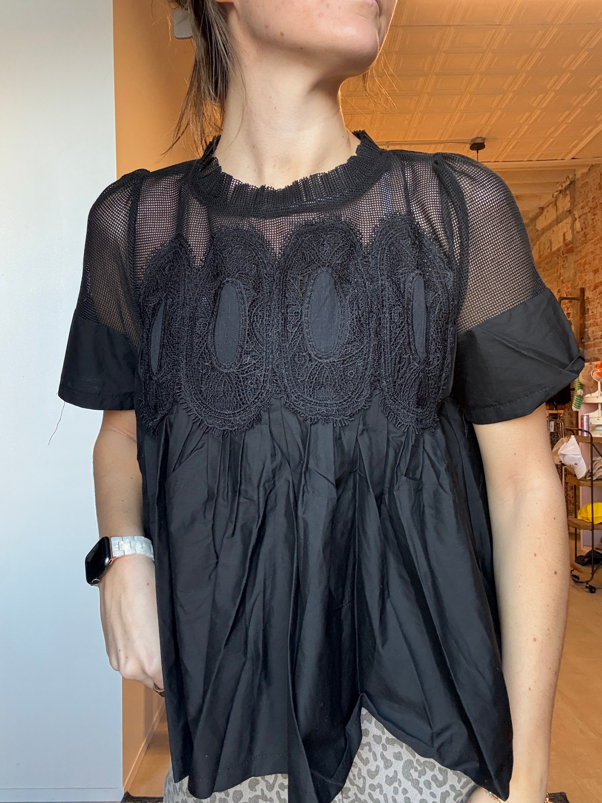 Zoey Black Mesh Puff Sleeve Top-Short Sleeves-fate-The Funky Zebra Ames, Women's Fashion Boutique in Ames, Iowa