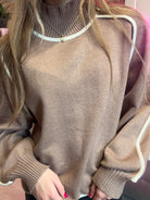 Jordyn Brown/Cream Stitch Sweater Detail-Sweaters-Gilli-The Funky Zebra Ames, Women's Fashion Boutique in Ames, Iowa