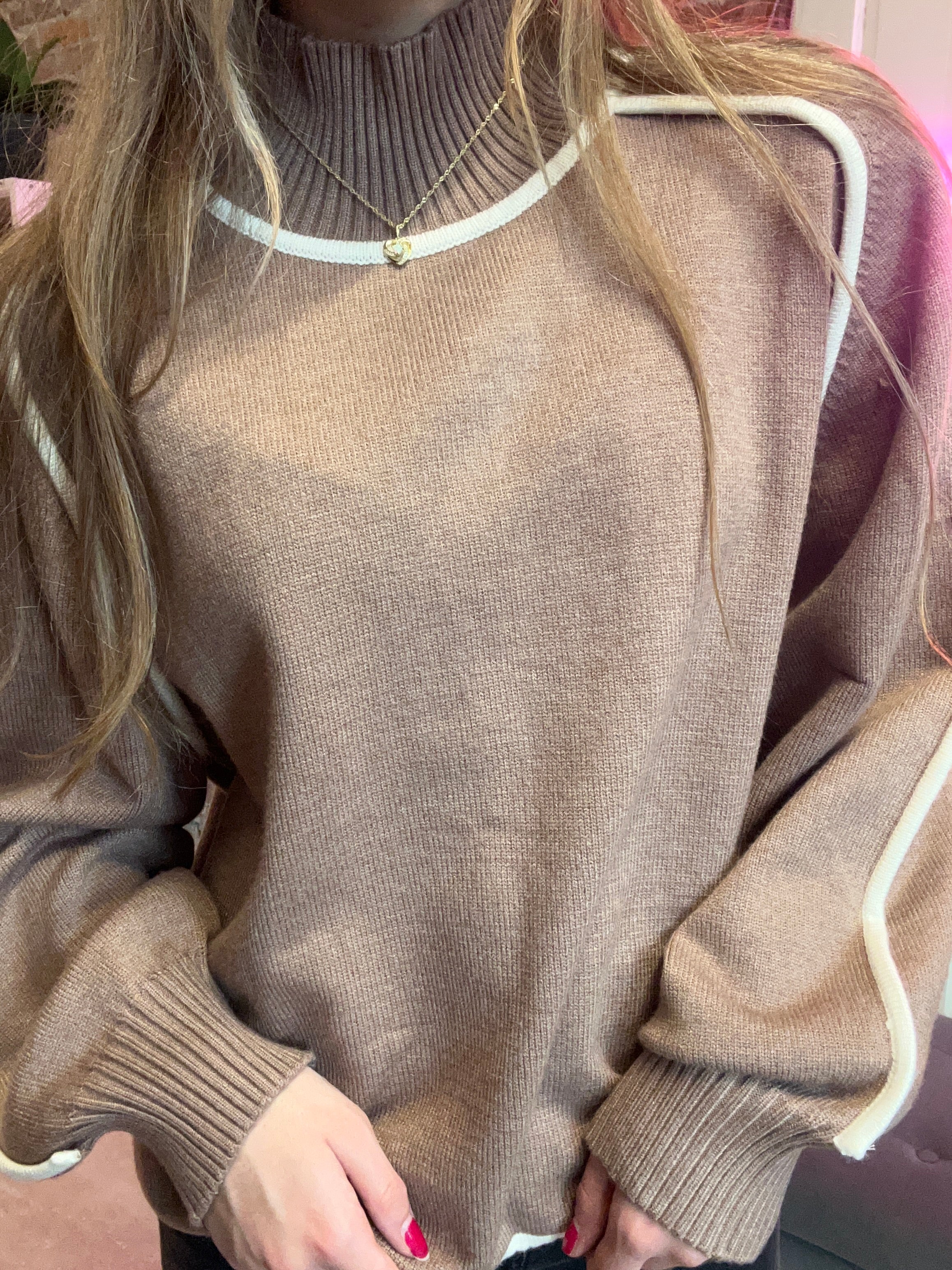 Jordyn Brown/Cream Stitch Sweater Detail-Sweaters-Gilli-The Funky Zebra Ames, Women's Fashion Boutique in Ames, Iowa