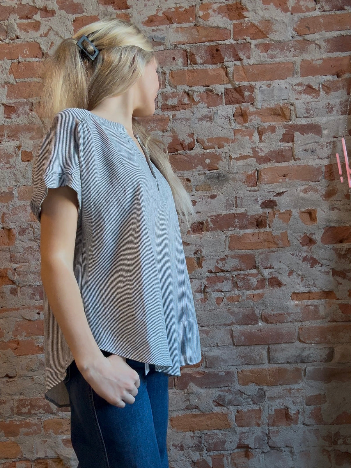 Gemma Pinstripe Button Down Top-Short Sleeves-Blu Pepper-The Funky Zebra Ames, Women's Fashion Boutique in Ames, Iowa