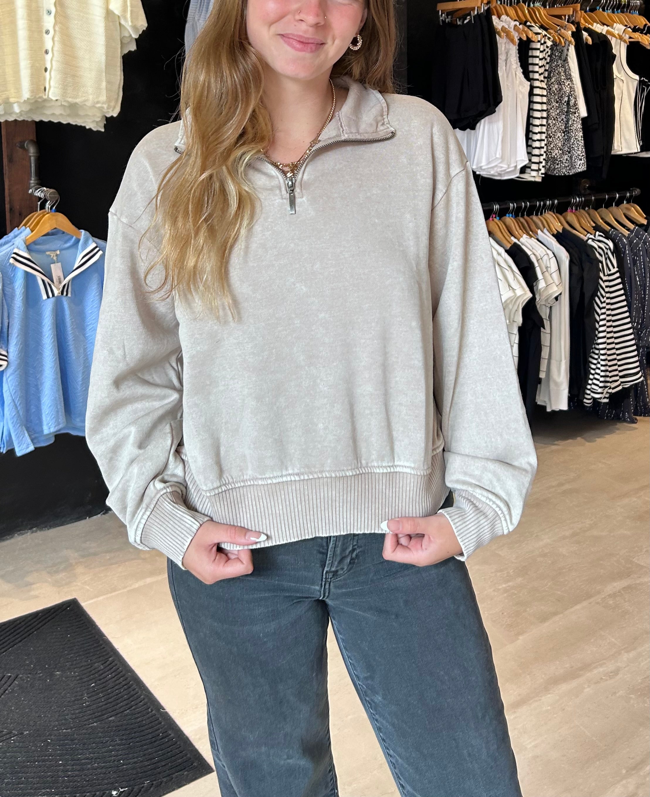 Brittany Washed Half Zip Pullover-Sweatshirt-Zenana-The Funky Zebra Ames, Women's Fashion Boutique in Ames, Iowa